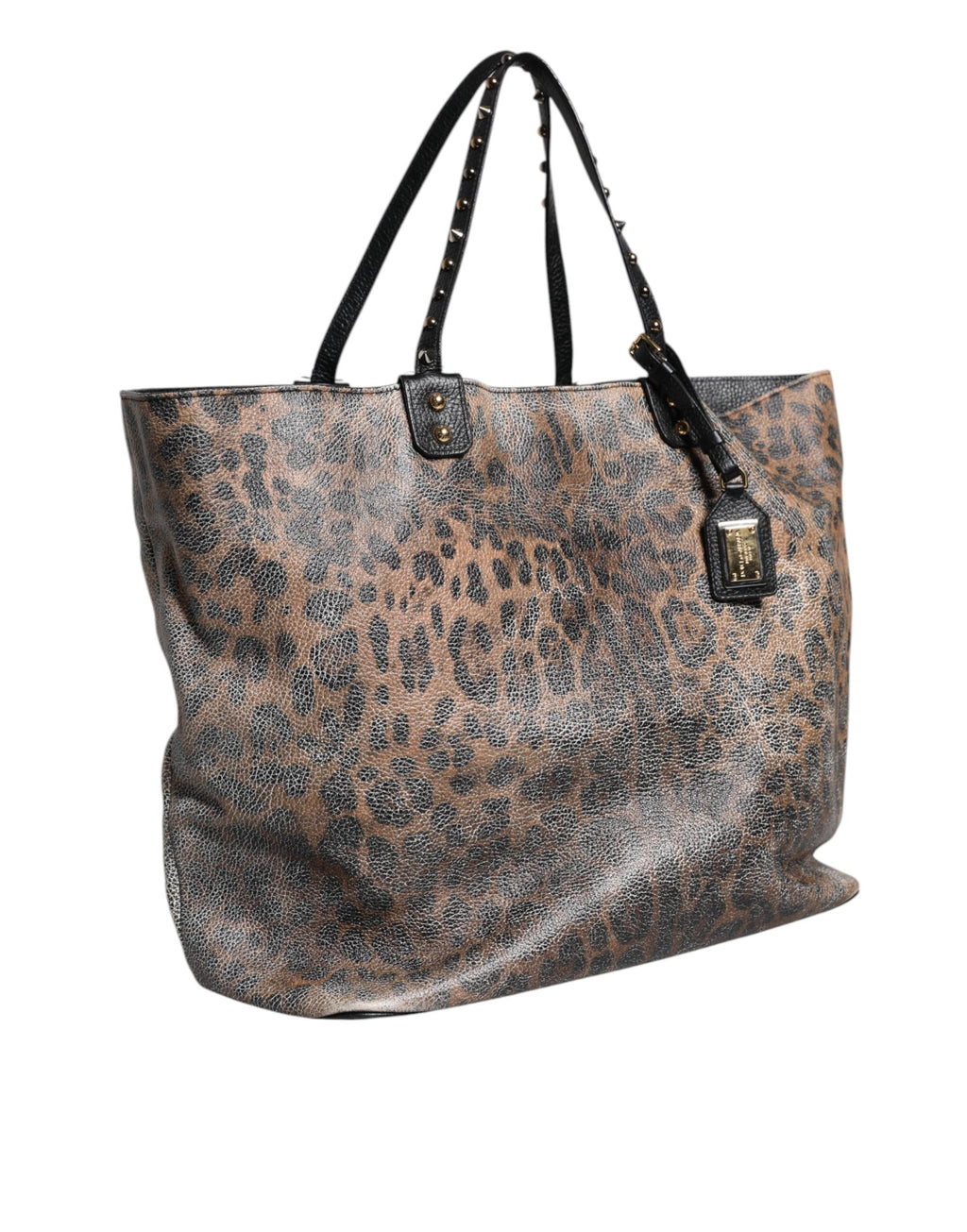Braune Tragetasche aus Leder mit Logo-Schild „BEATRICE“ mit Leopardenmuster