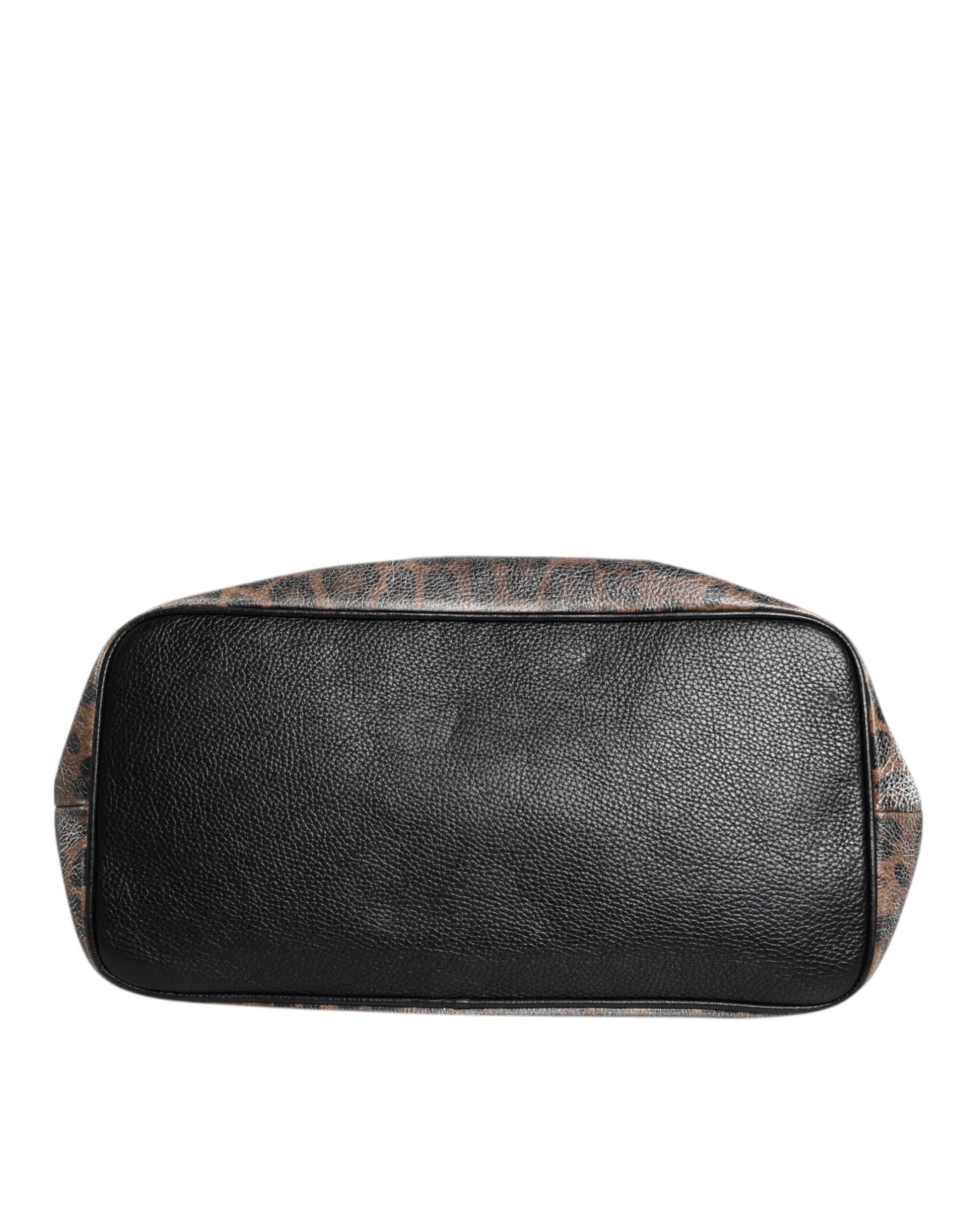 Dolce & Gabbana Brown Leopard BEATRICE Leather Logo Plaque Tote Bag
