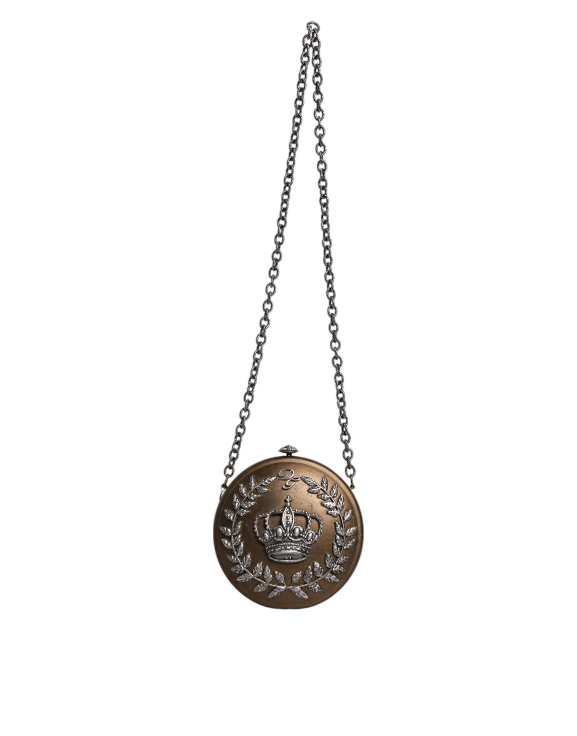Clutch-Umhängetasche mit Krone aus goldfarbenem Messing und Metall