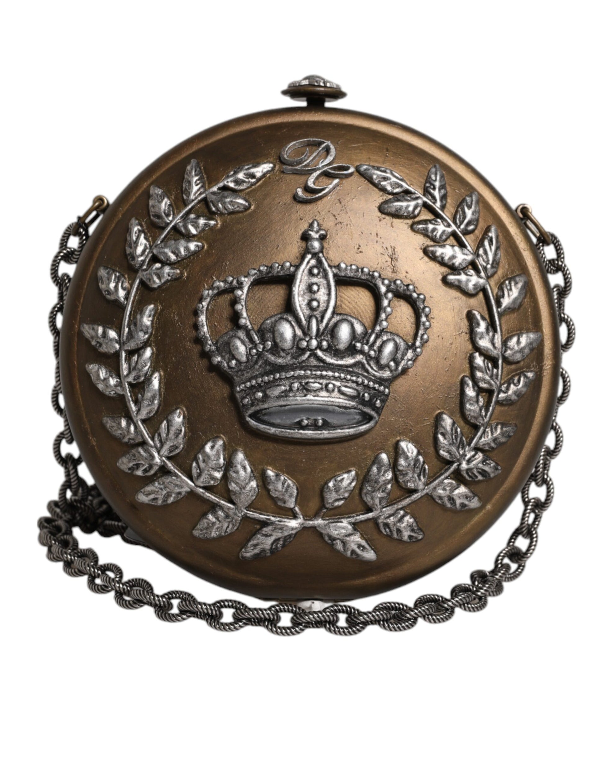 Clutch-Umhängetasche mit Krone aus goldfarbenem Messing und Metall