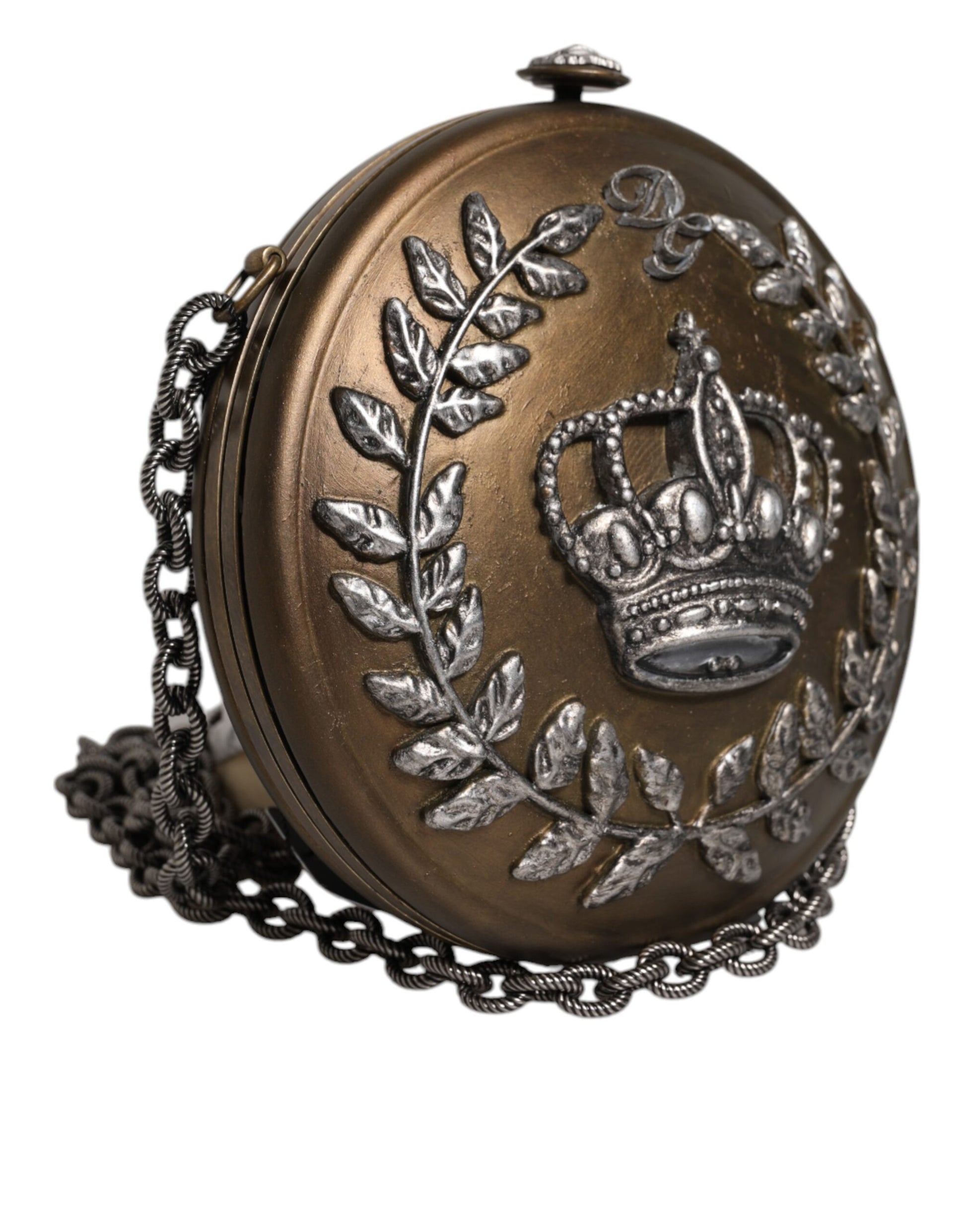 Clutch-Umhängetasche mit Krone aus goldfarbenem Messing und Metall