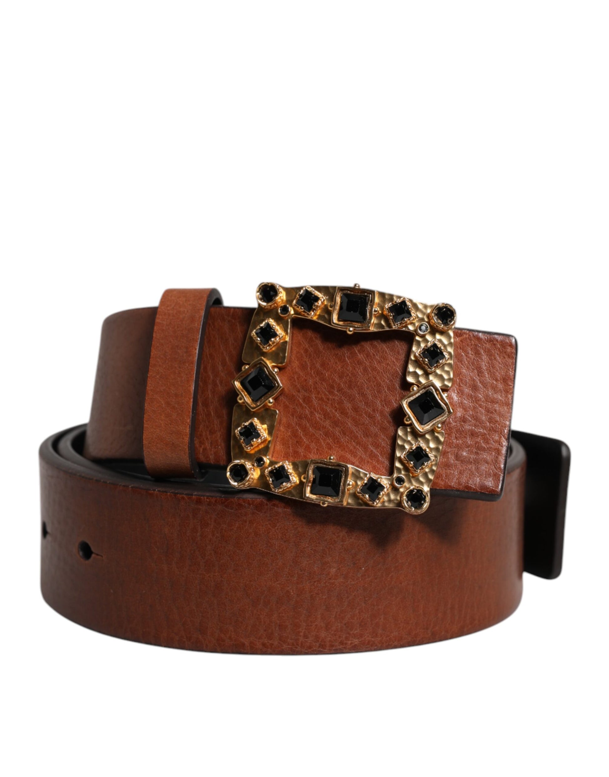 Dolce & Gabbana Brown Leather Gold Crystal Buckle Belt