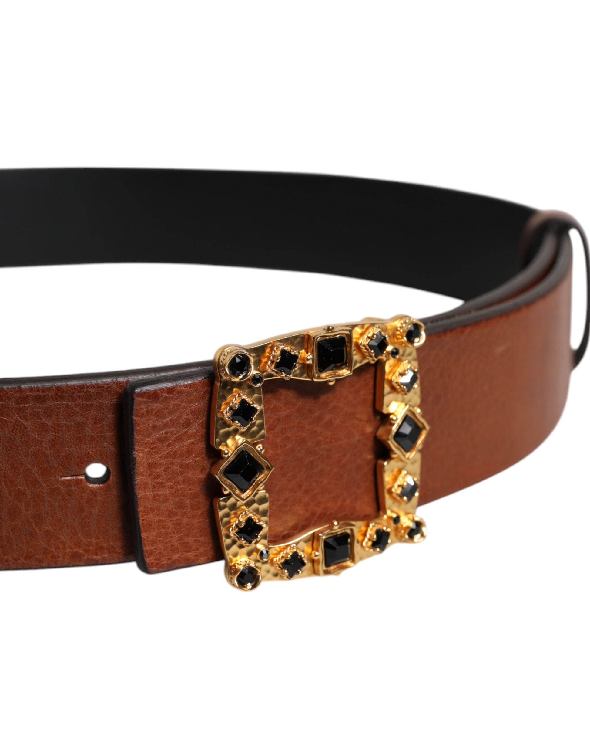 Dolce & Gabbana Brown Leather Gold Crystal Buckle Belt