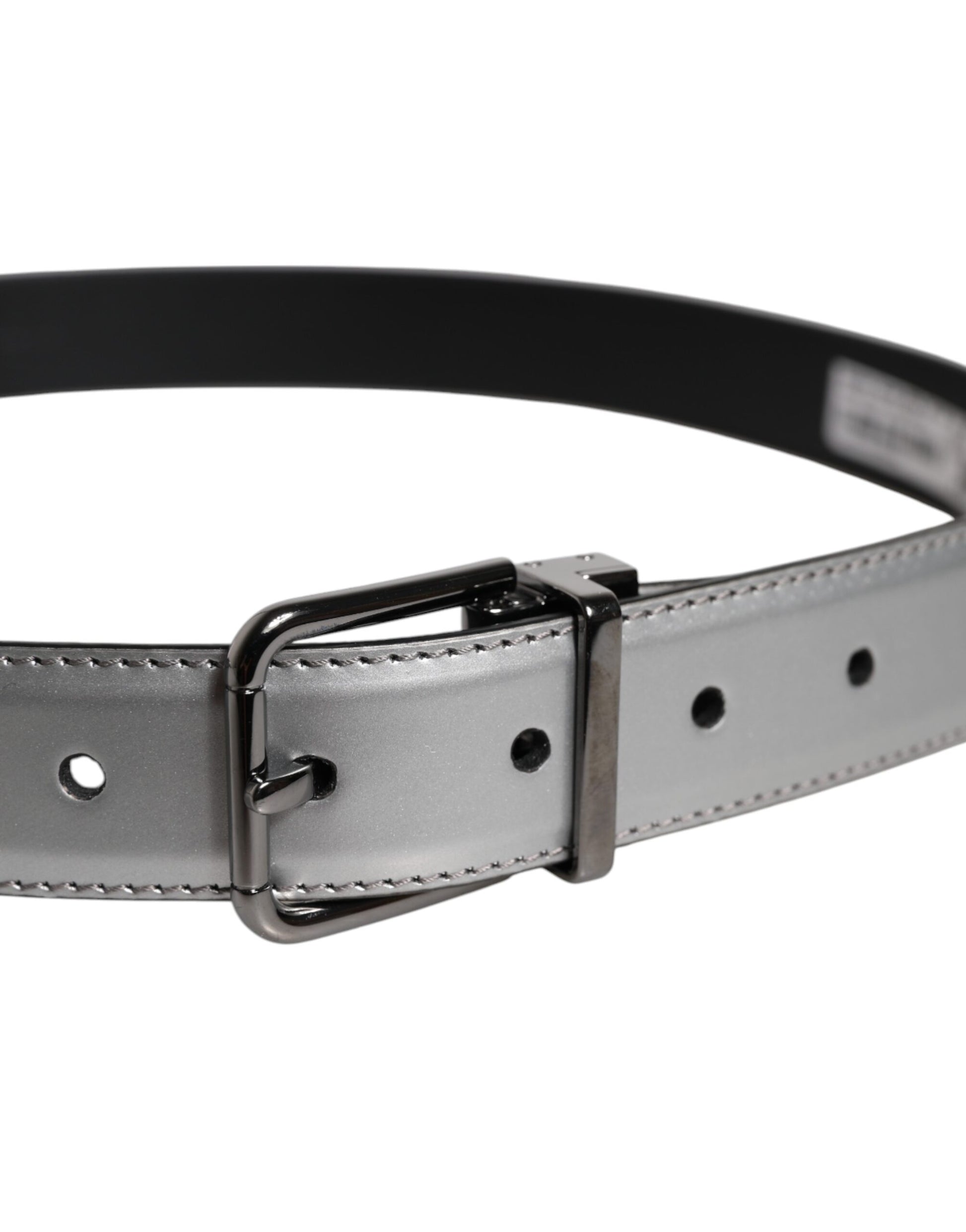 Dolce & Gabbana Silver Leather Classic Metal Logo Buckle Belt