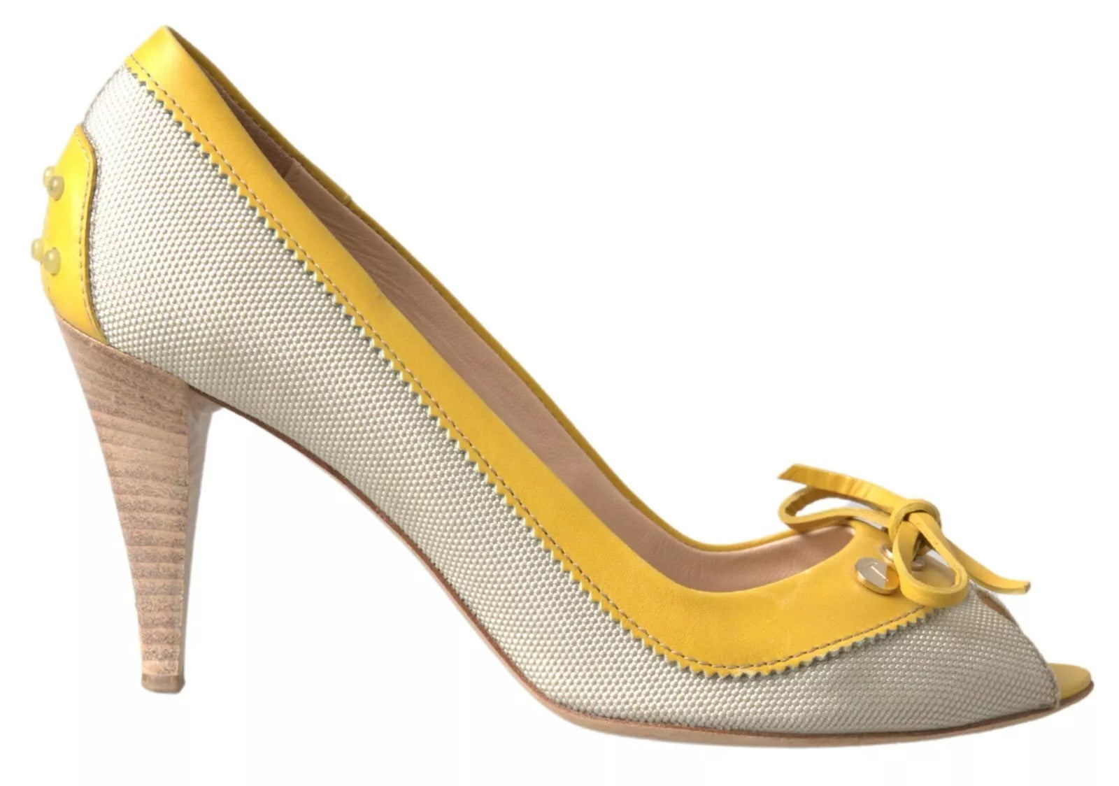 Gelbe, cremefarbene Peep-Toe-Pumps mit Absatz