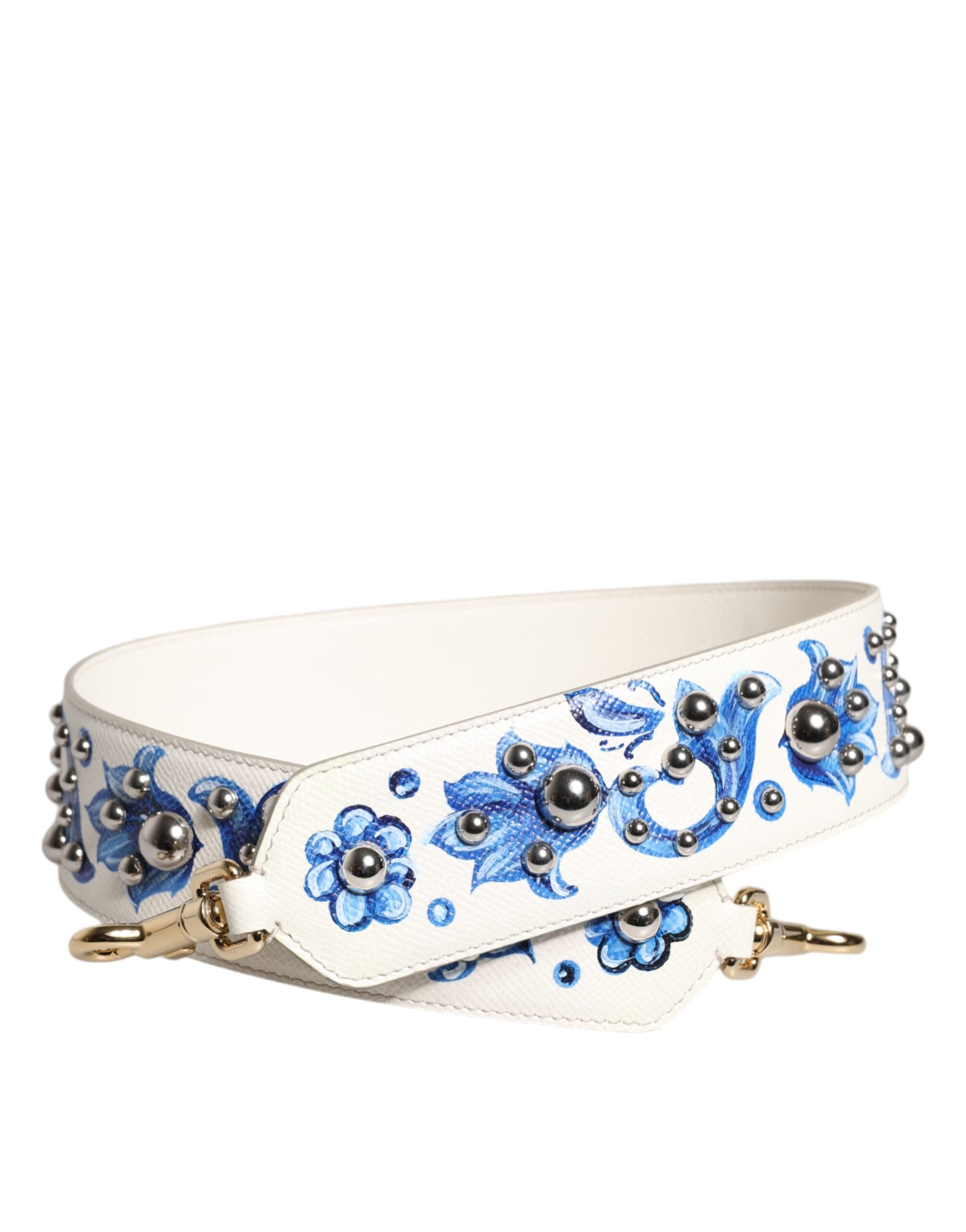 Schultergurt aus Leder mit Nieten in Weiß und Blau mit Blumenmuster