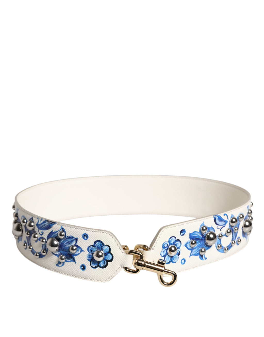 Schultergurt aus Leder mit Nieten in Weiß und Blau mit Blumenmuster