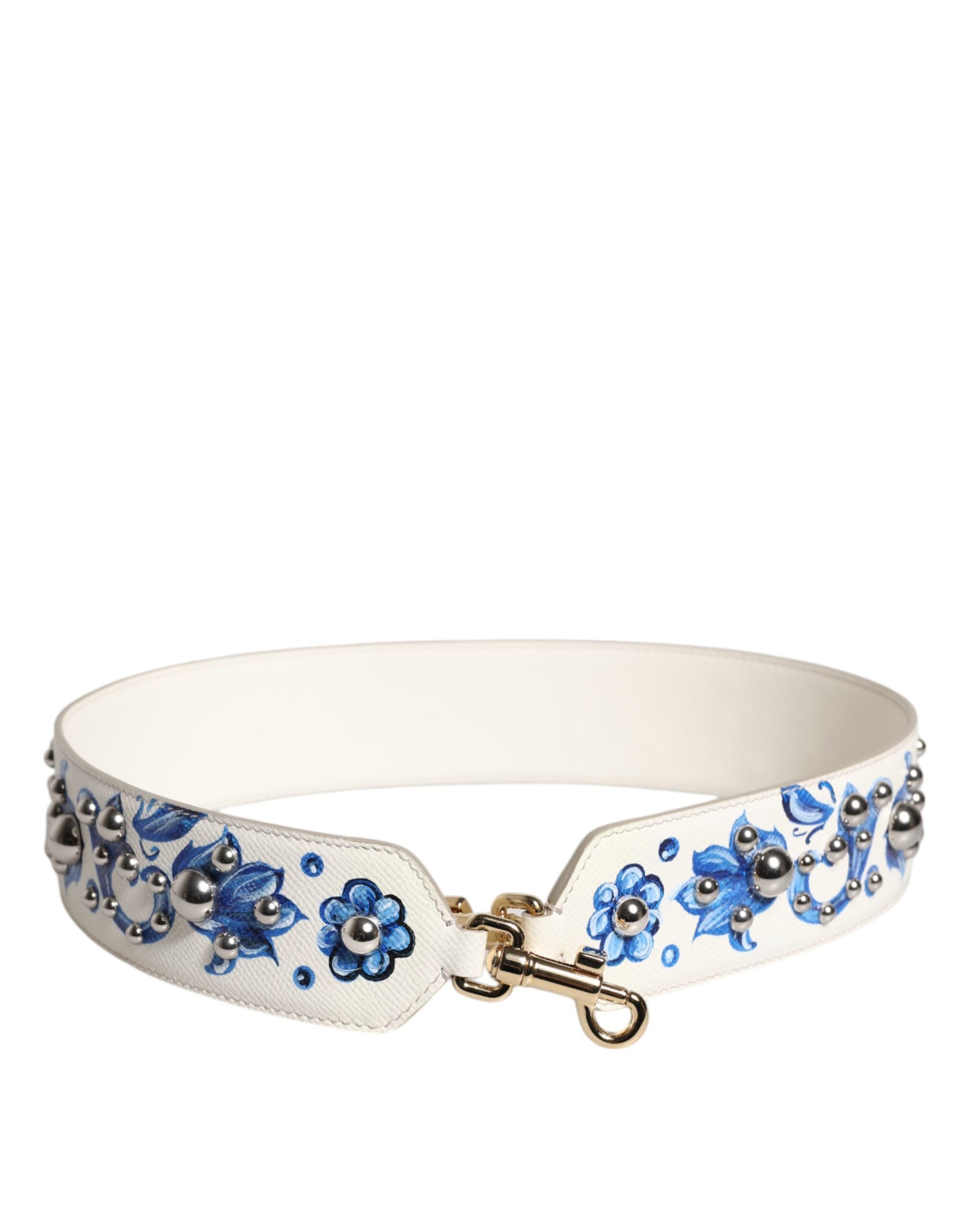 Schultergurt aus Leder mit Nieten in Weiß und Blau mit Blumenmuster