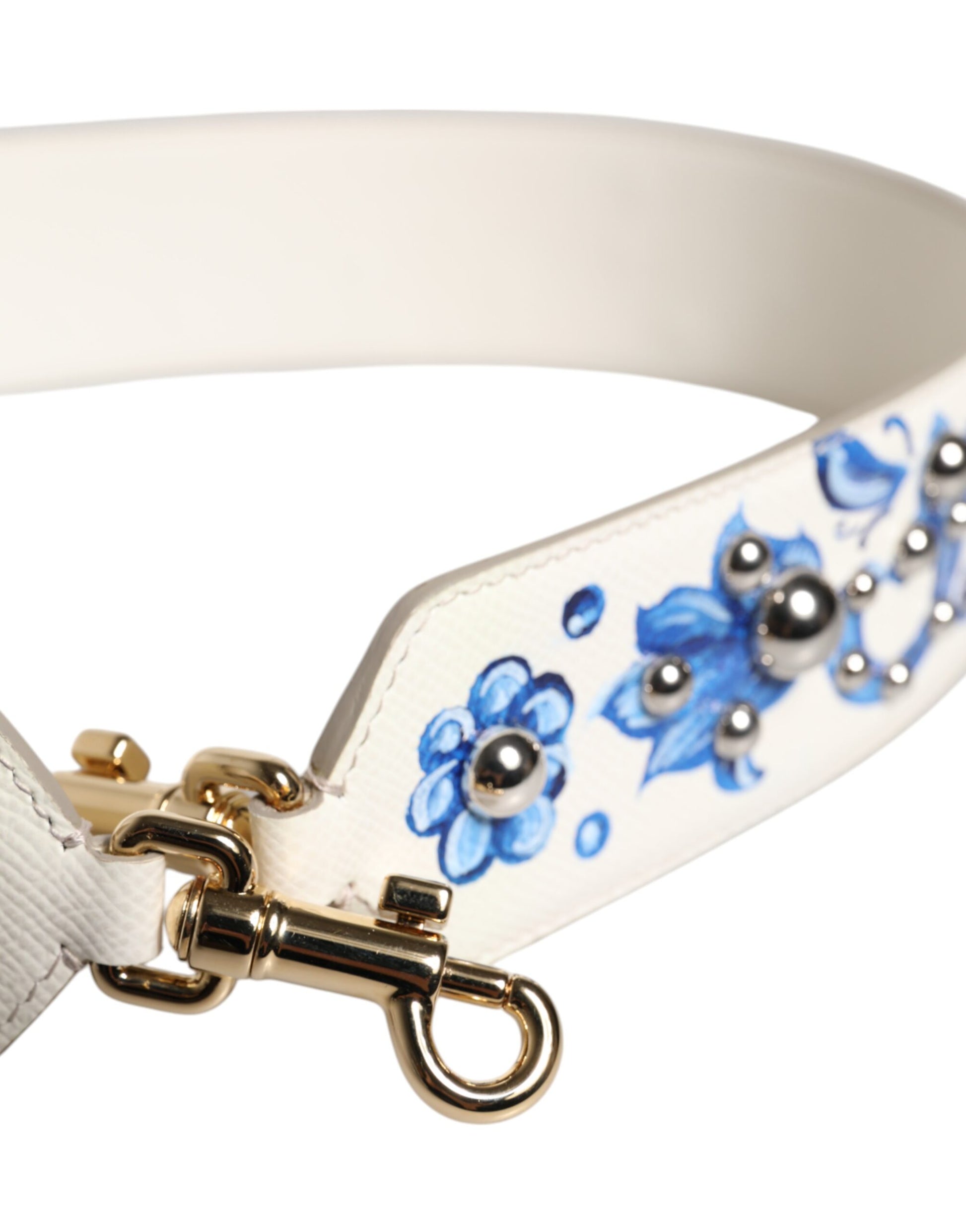 Schultergurt aus Leder mit Nieten in Weiß und Blau mit Blumenmuster