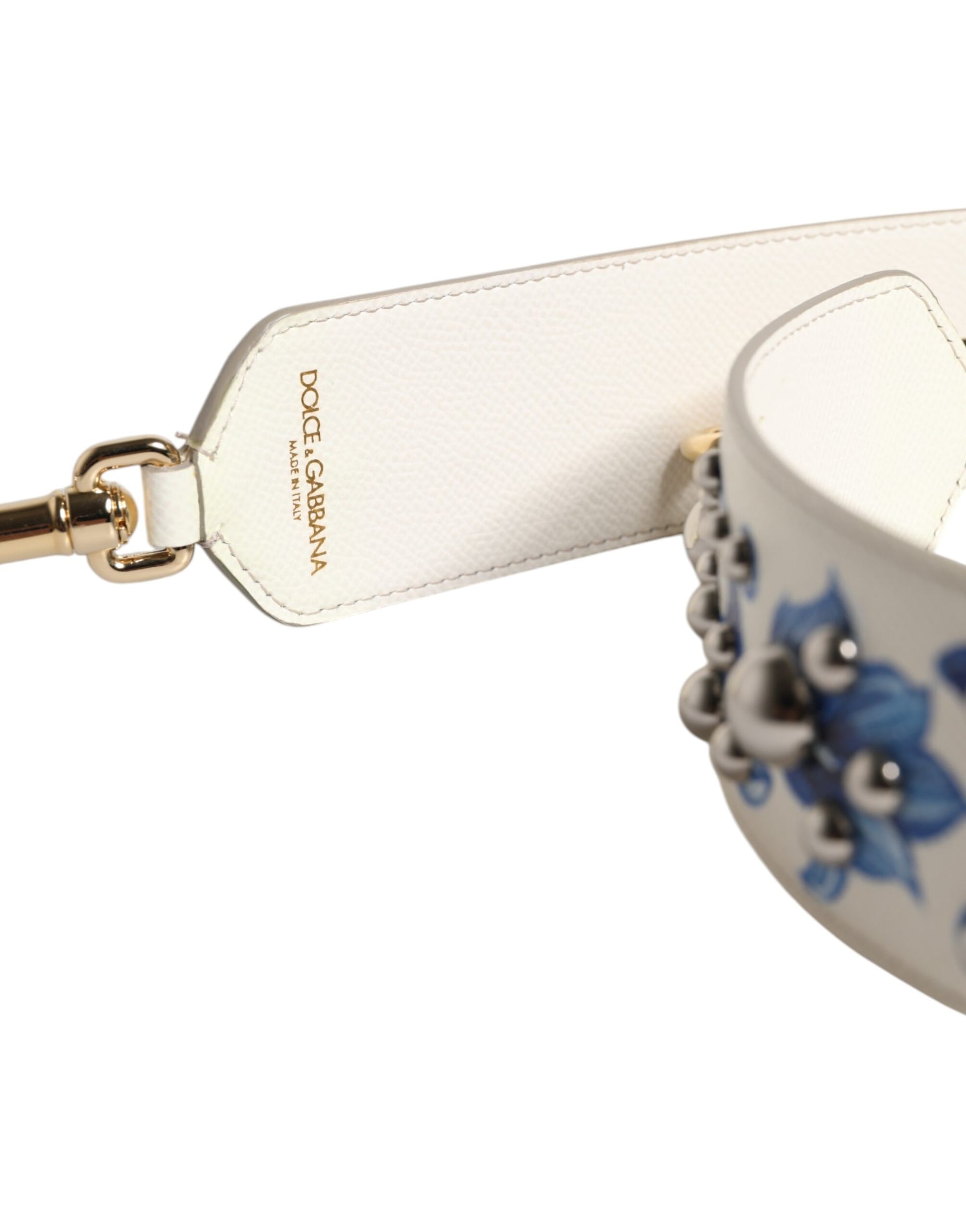 Schultergurt aus Leder mit Nieten in Weiß und Blau mit Blumenmuster