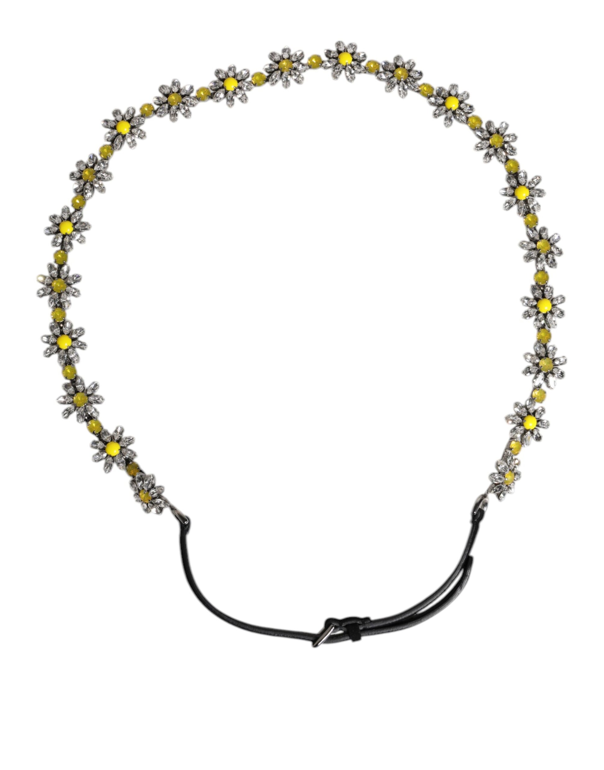 Dolce & Gabbana Black Leather Daisy Crystal Embellish Waist Belt