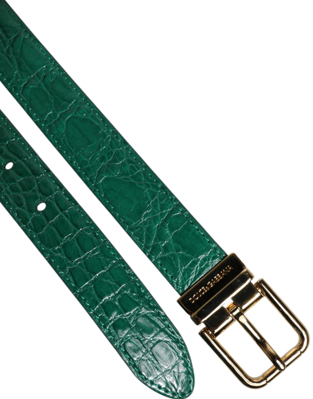 Grüner Ledergürtel mit Metallschnalle und Logo