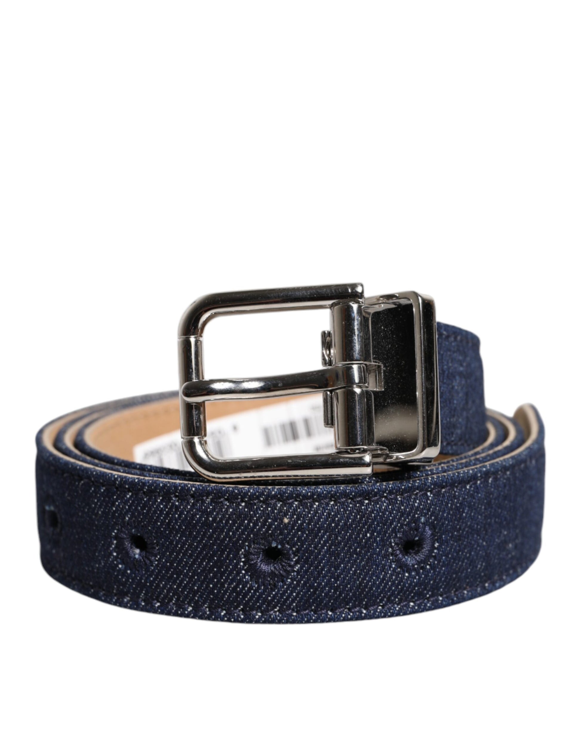Blauer Jeansgürtel mit silberner Metallschnalle und Logo