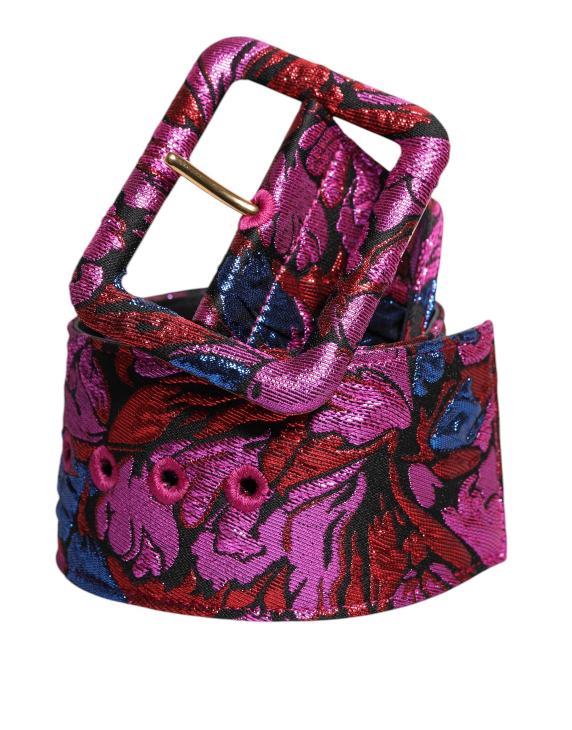 Breiter Taillengürtel aus Jacquard-Lurex mit Blumenmuster und Schnalle in mehrfarbig