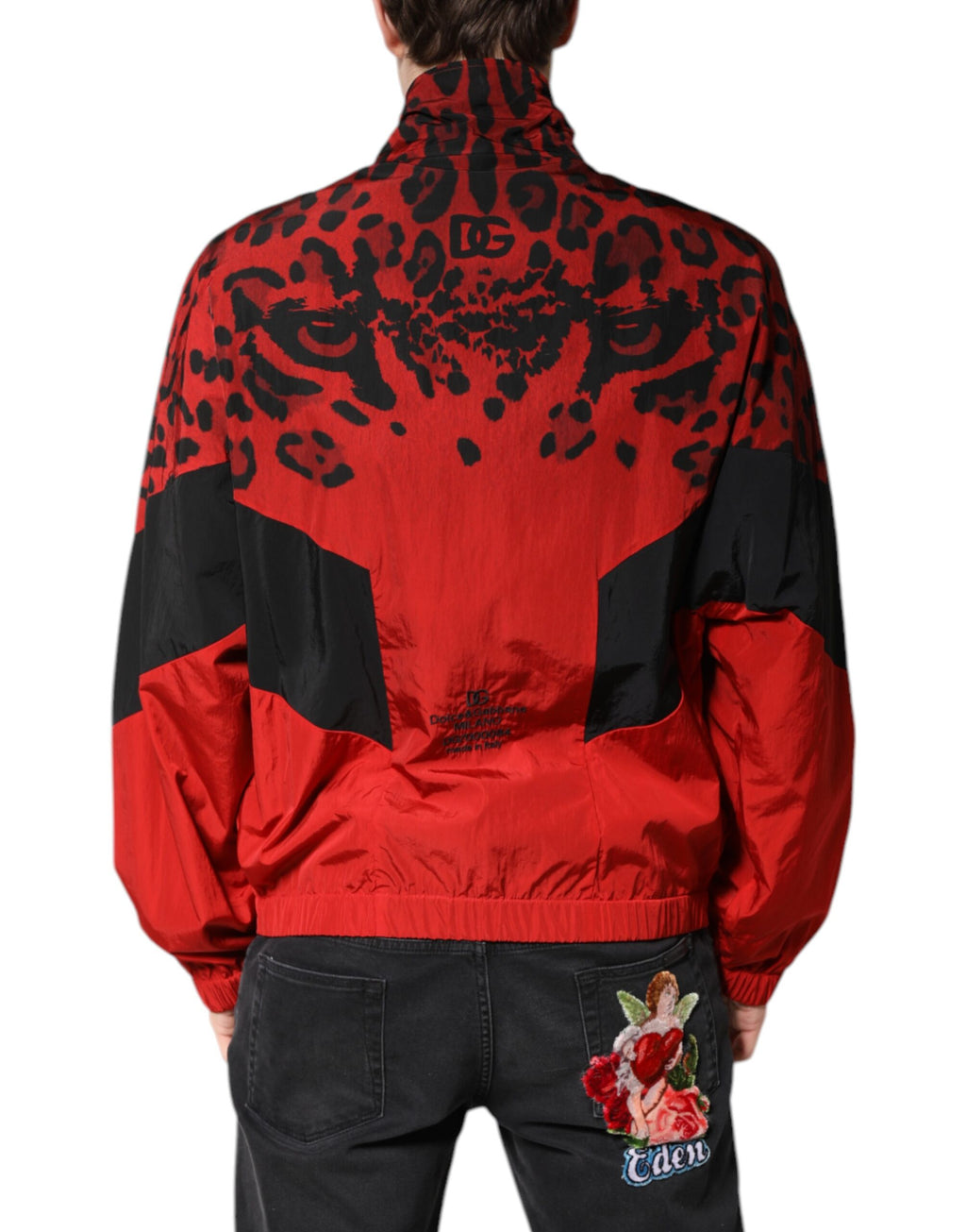 Rote Nylon-Bomberjacke mit durchgehendem Reißverschluss und Leopardenmuster