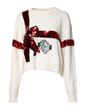 Weißer Pullover mit Rundhalsausschnitt und Pailletten