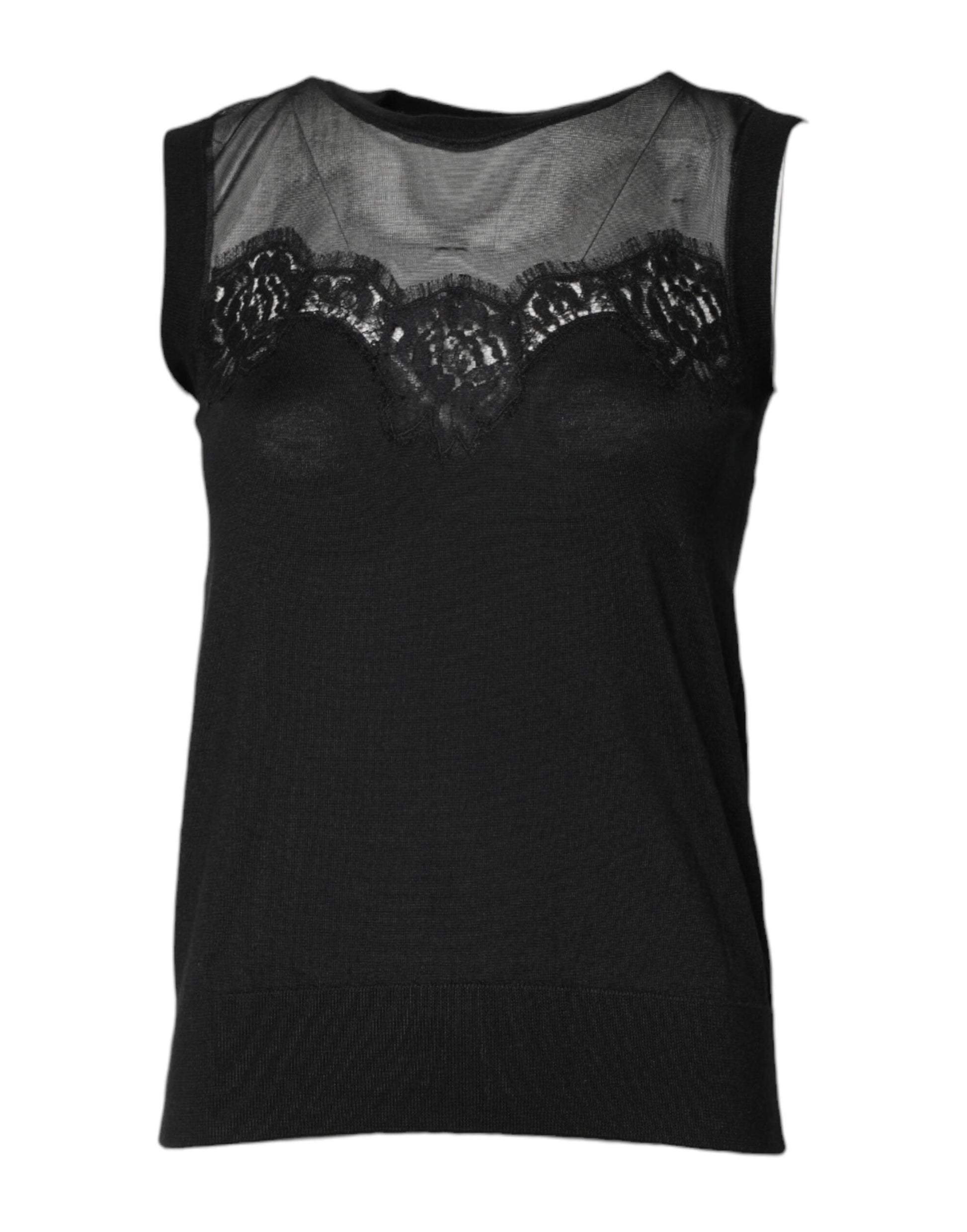 Dolce & Gabbana Black Lace Sheer Crew Neck Sleeveless Top