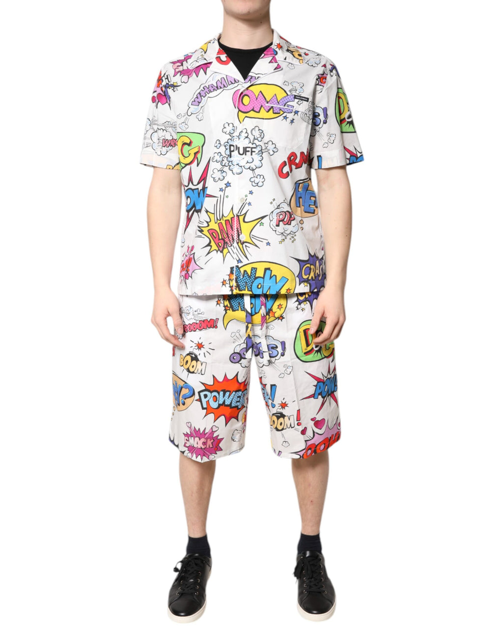 Weißes Pyjama-Set aus Baumwolle mit Cartoon-Print für Herren