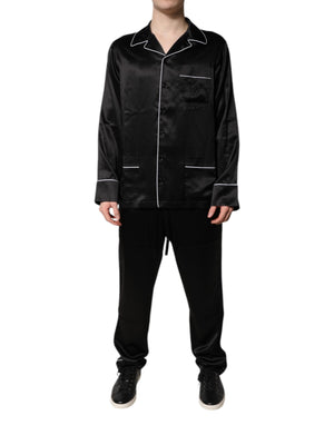 Schwarzes Seidenhemd- und Hosen-Pyjama-Set, Nachtwäsche