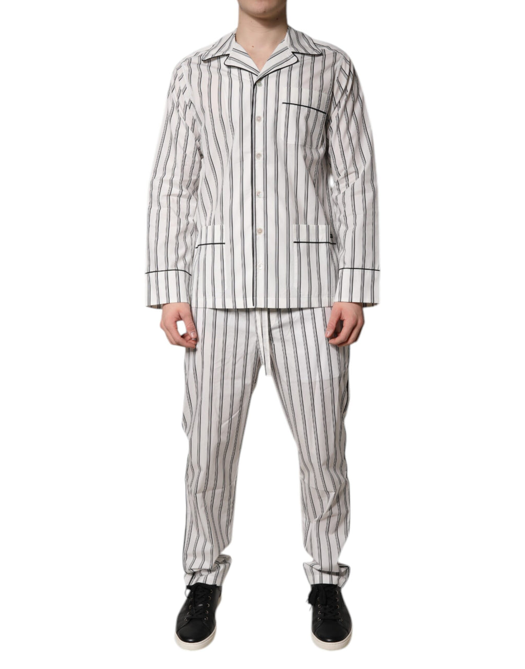 Weiß Schwarz Streifen Baumwolle Männer Pyjama Set Nachtwäsche