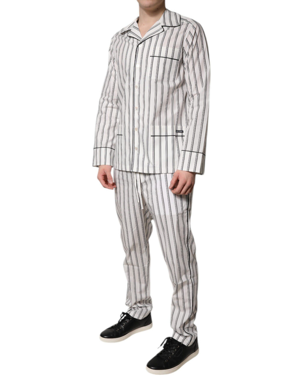 Weiß Schwarz Streifen Baumwolle Männer Pyjama Set Nachtwäsche