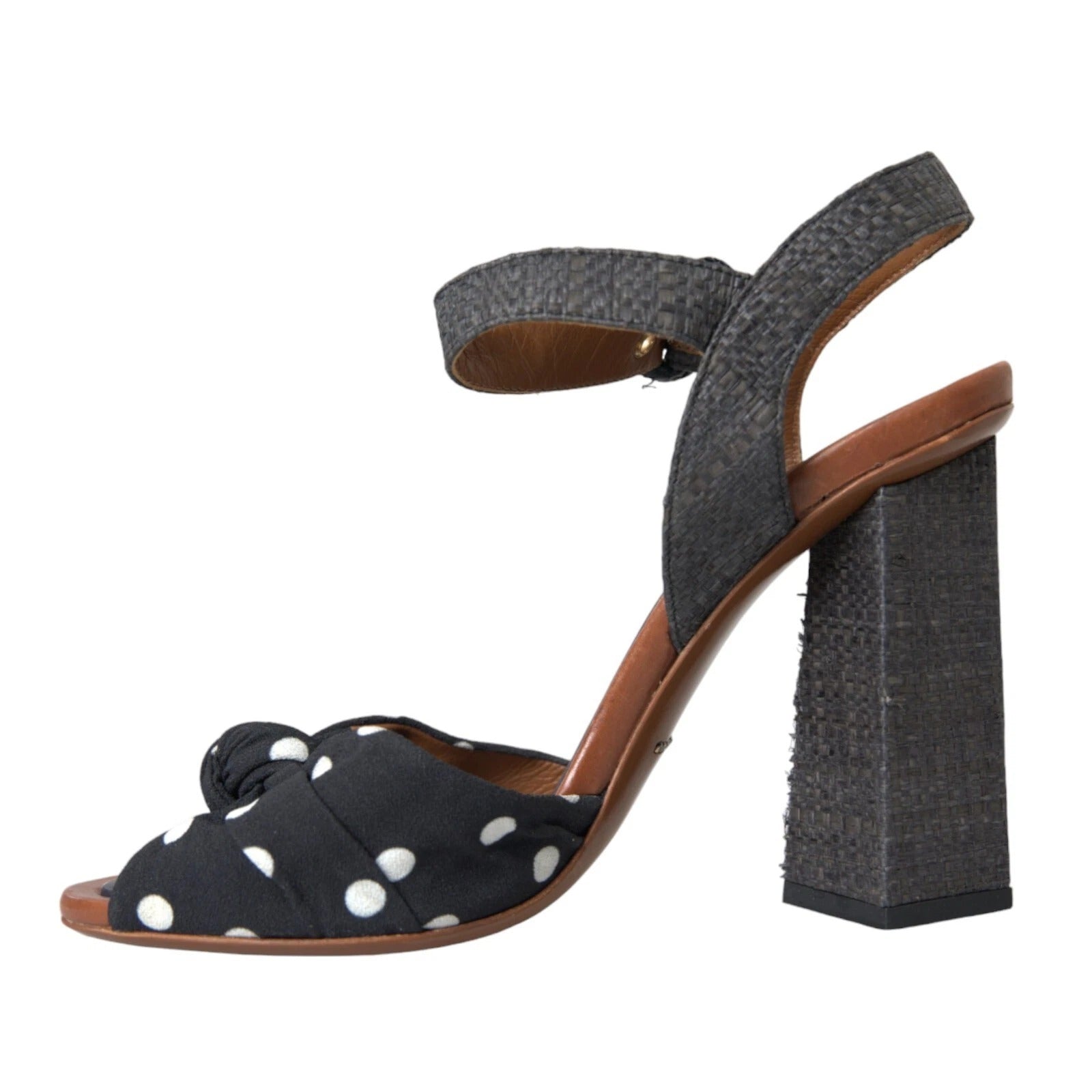 Schwarze gepunktete Leder-Sandalen mit Absatz