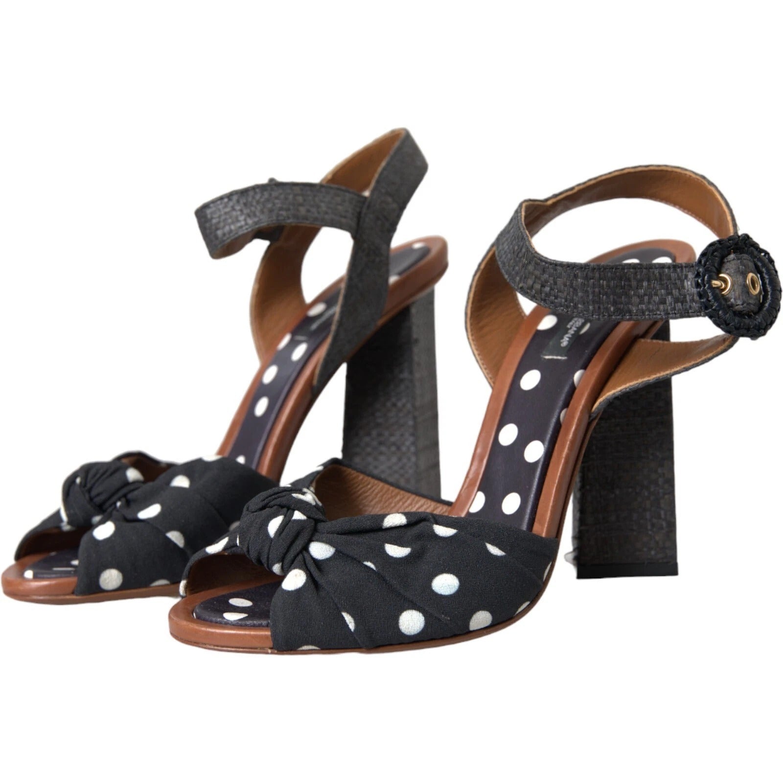 Schwarze gepunktete Leder-Sandalen mit Absatz