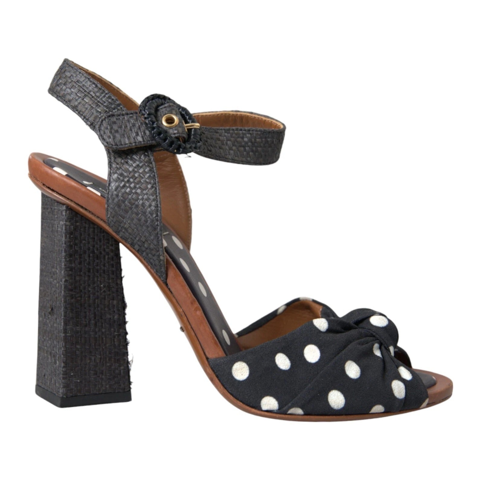 Schwarze gepunktete Leder-Sandalen mit Absatz
