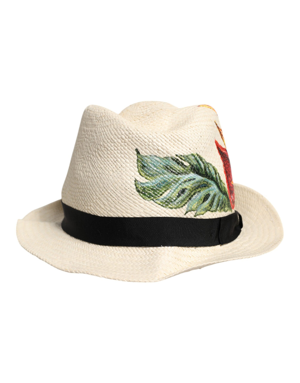 Beigefarbener Fedora-Hut aus Stroh mit Blumenmuster und breiter Krempe