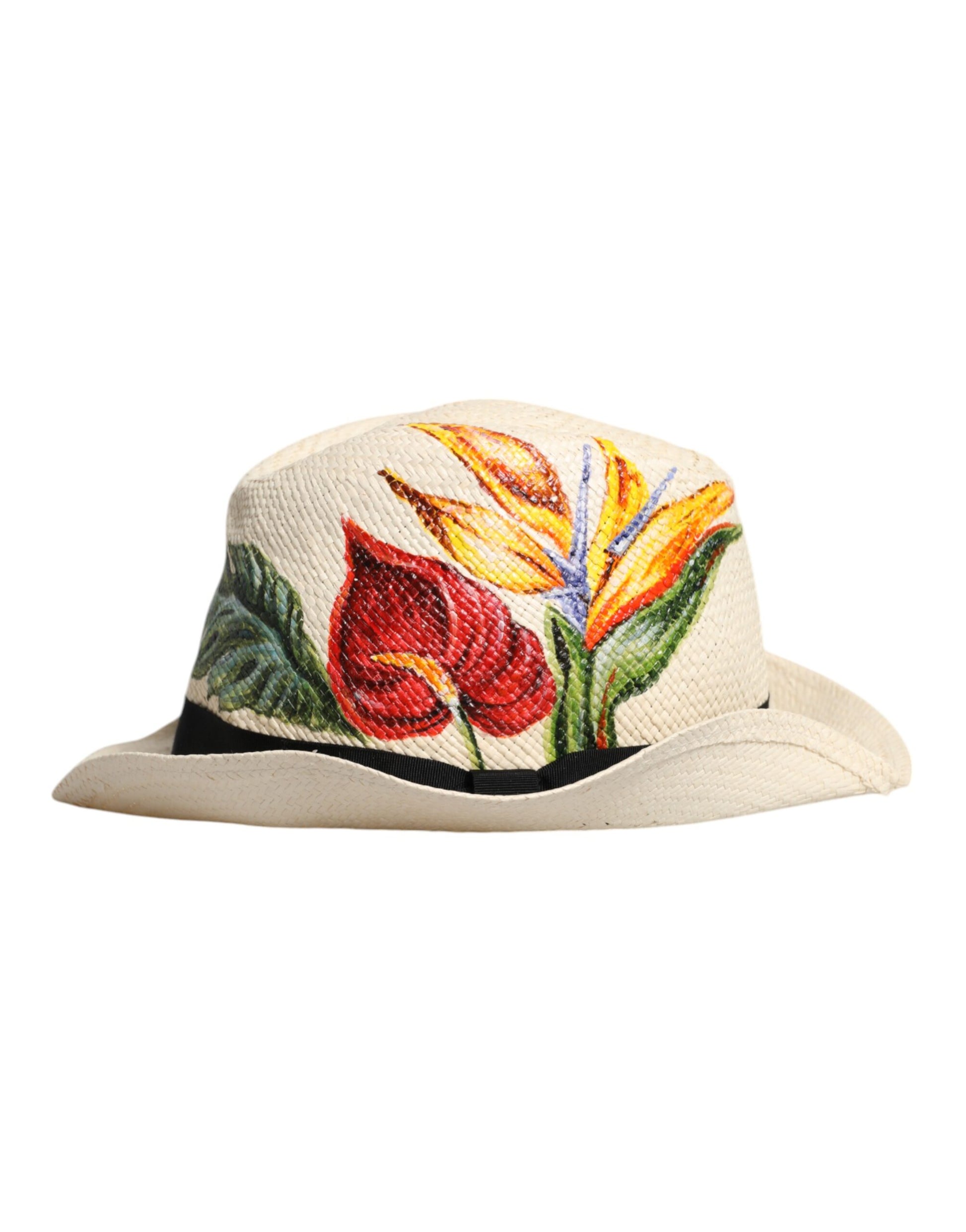 Beigefarbener Fedora-Hut aus Stroh mit Blumenmuster und breiter Krempe