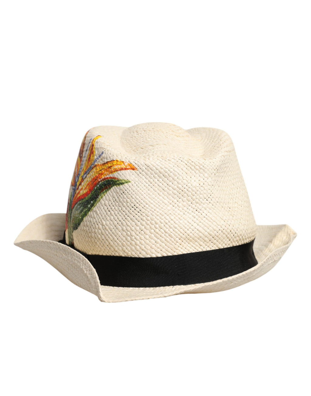 Beigefarbener Fedora-Hut aus Stroh mit Blumenmuster und breiter Krempe