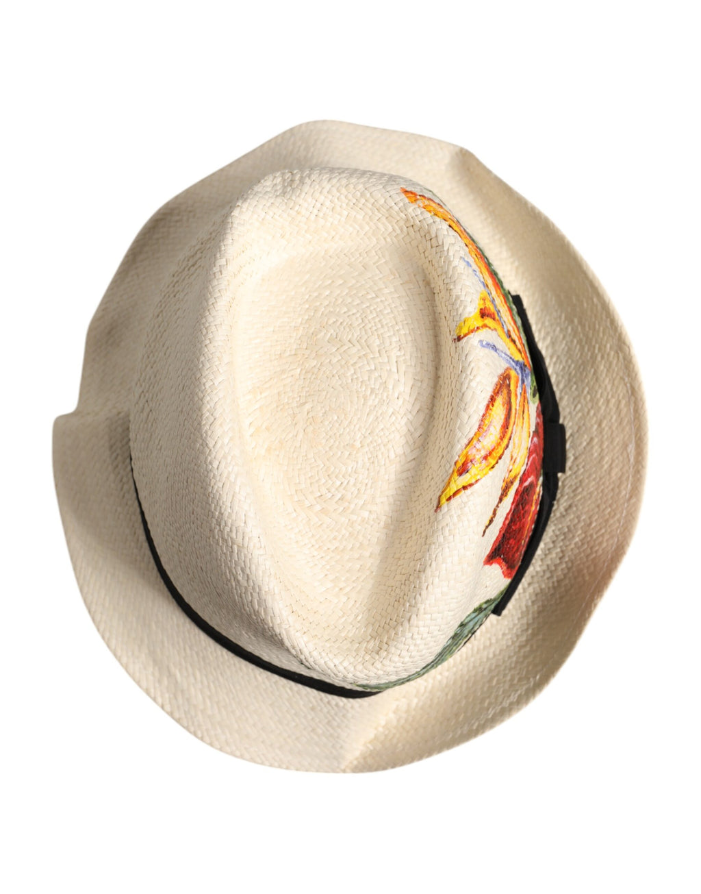 Beigefarbener Fedora-Hut aus Stroh mit Blumenmuster und breiter Krempe