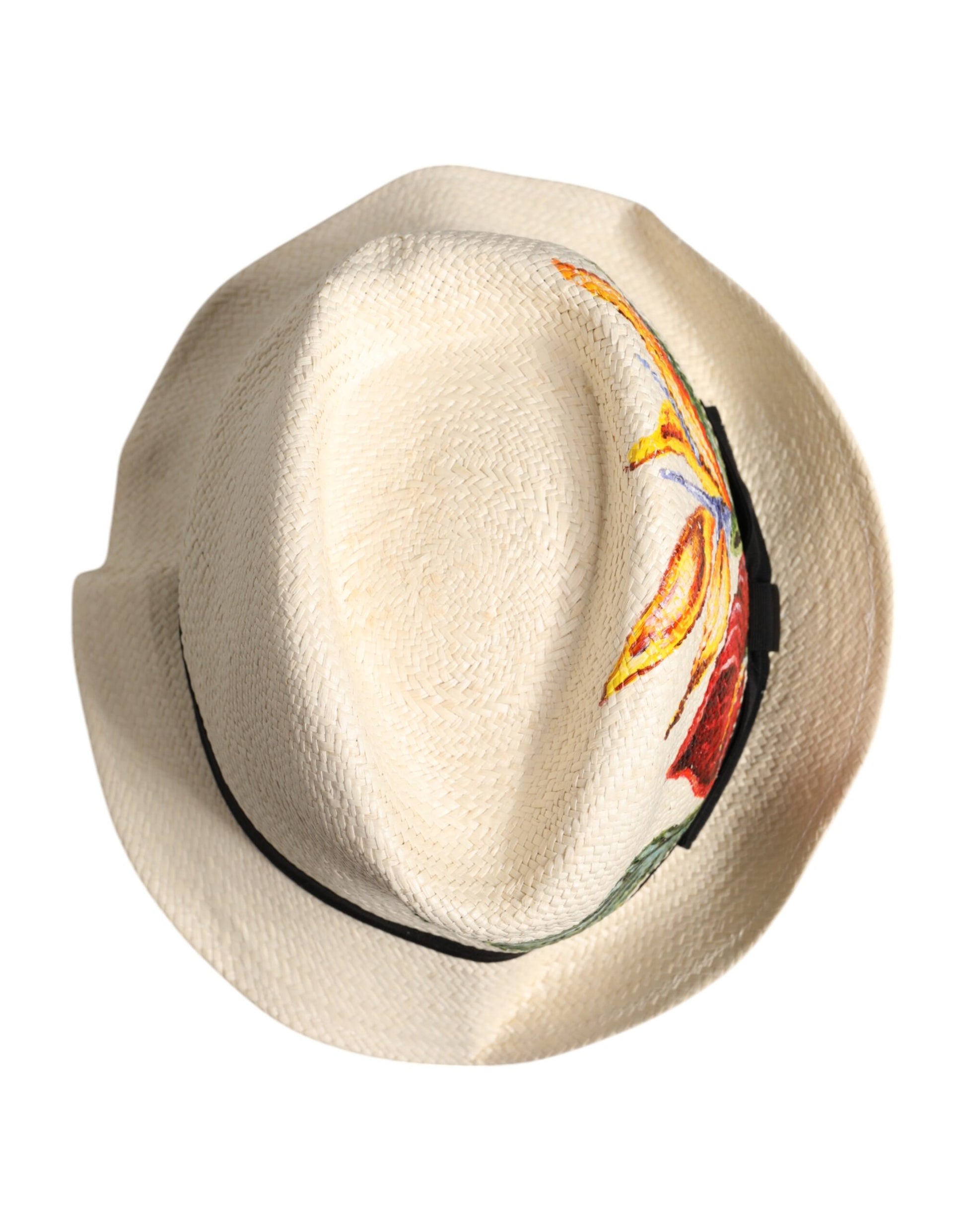 Beigefarbener Fedora-Hut aus Stroh mit Blumenmuster und breiter Krempe