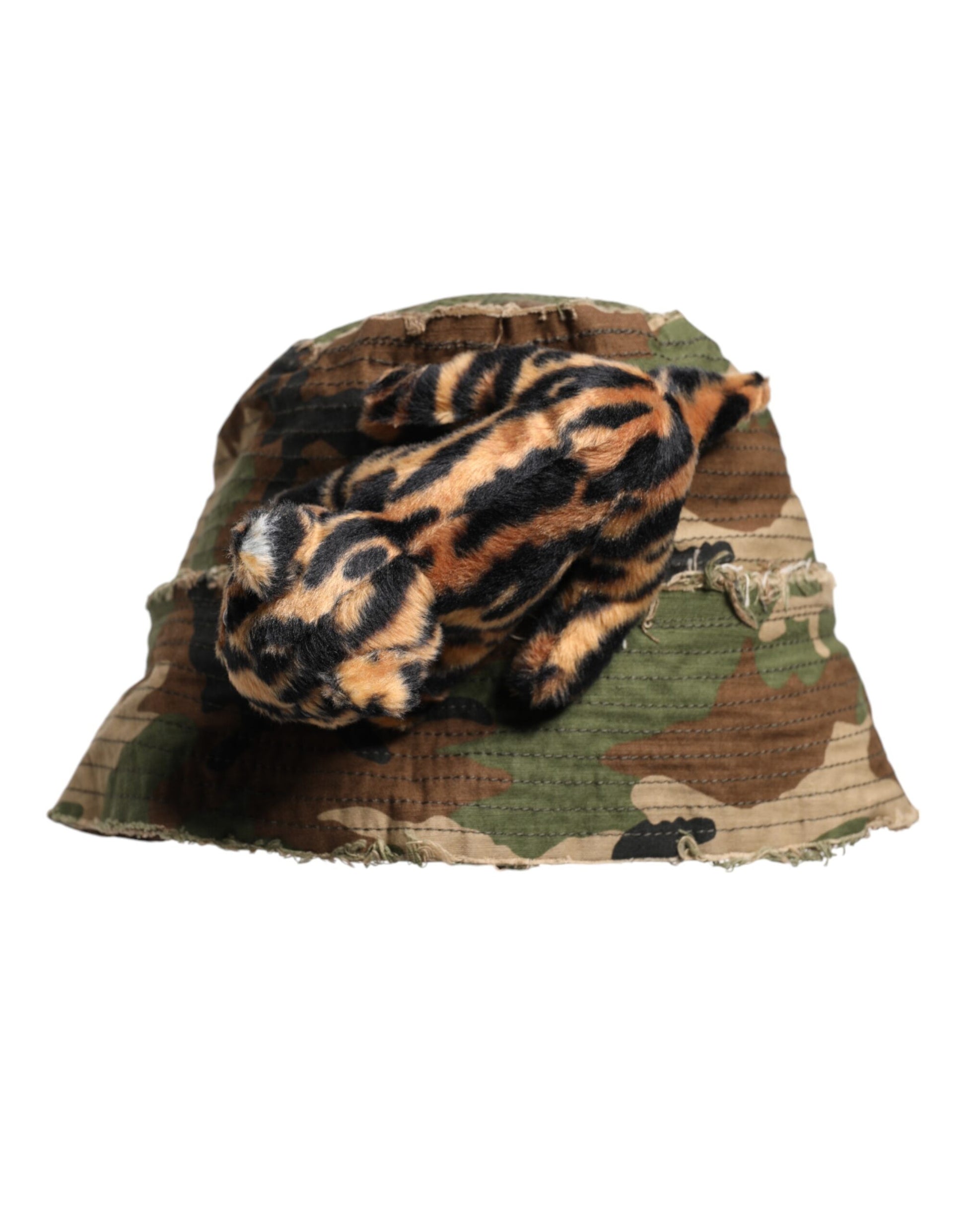 Mehrfarbiger Fischerhut mit breiter Krempe und Leopardenverzierung
