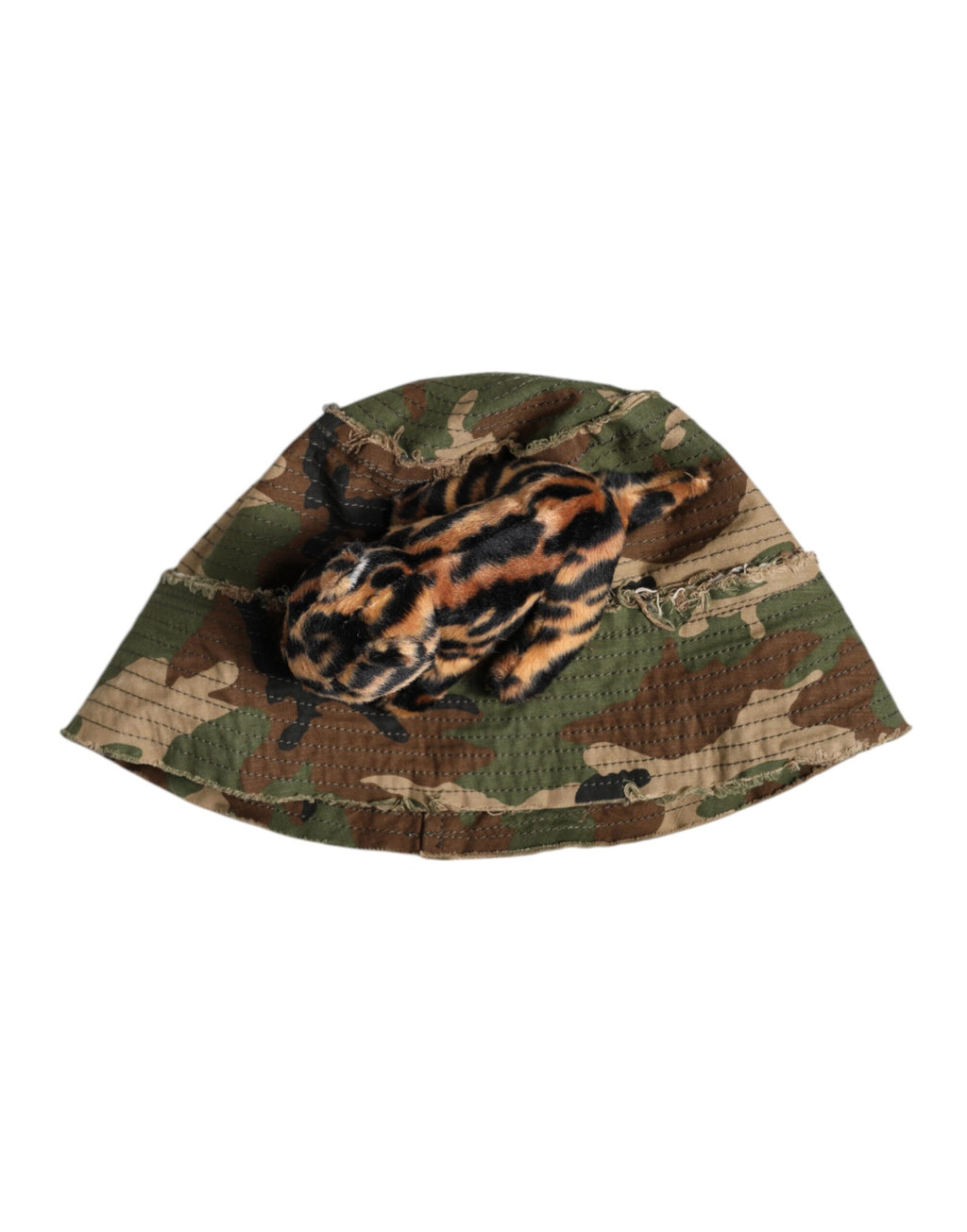 Mehrfarbiger Fischerhut mit breiter Krempe und Leopardenverzierung