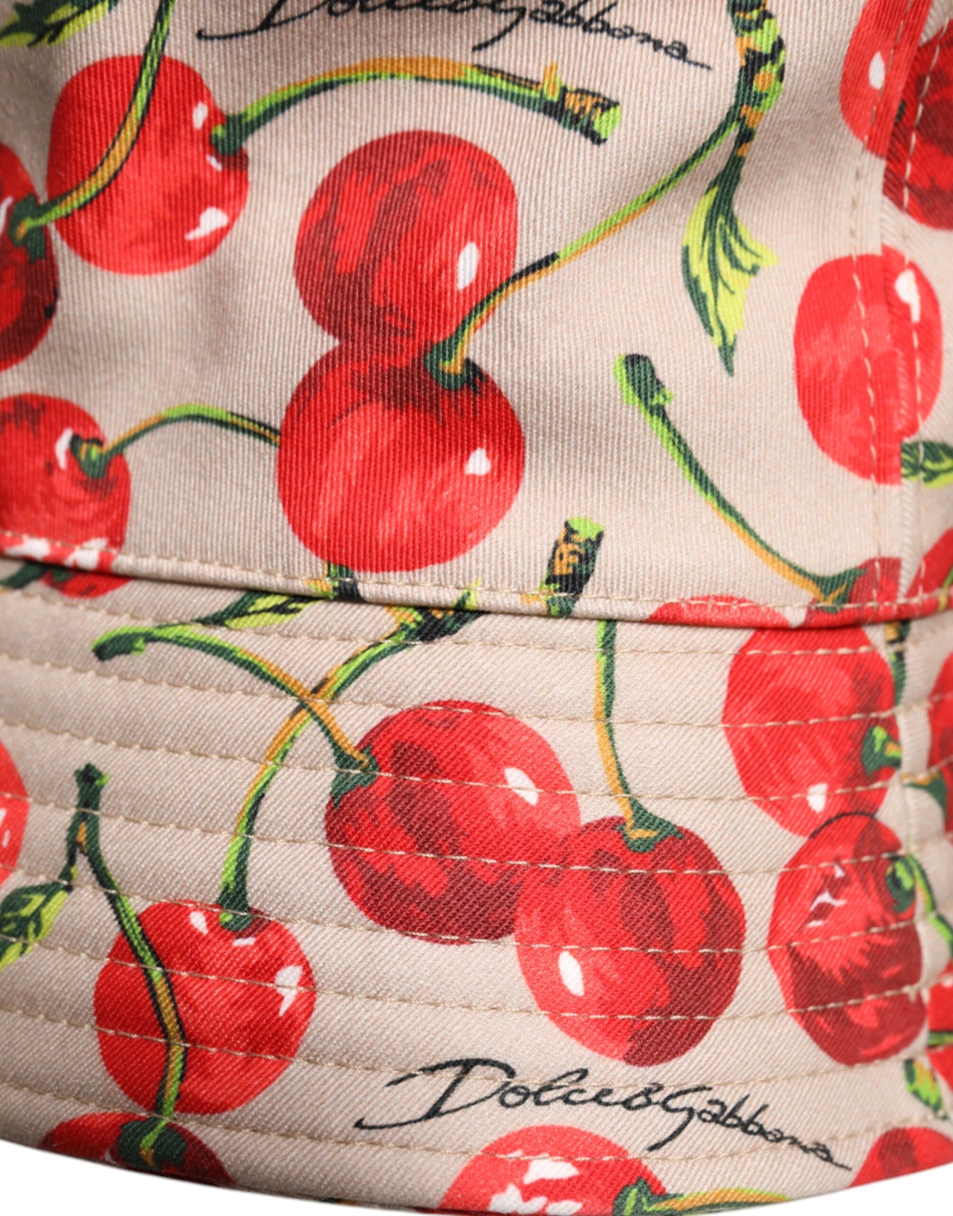 Beigefarbener Fischerhut aus Baumwolle mit breiter Krempe und Aufdruck