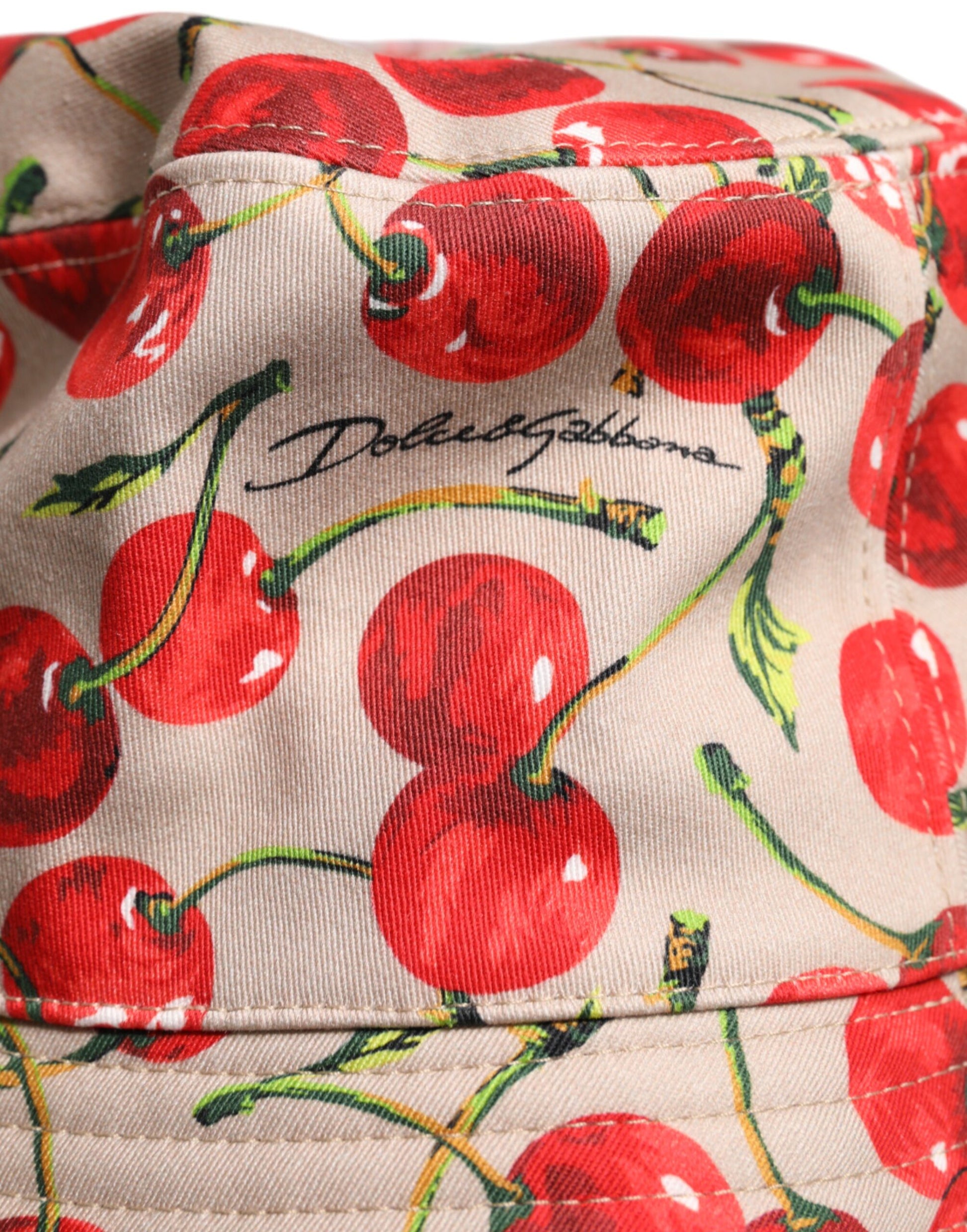 Beigefarbener Fischerhut aus Baumwolle mit breiter Krempe und Aufdruck