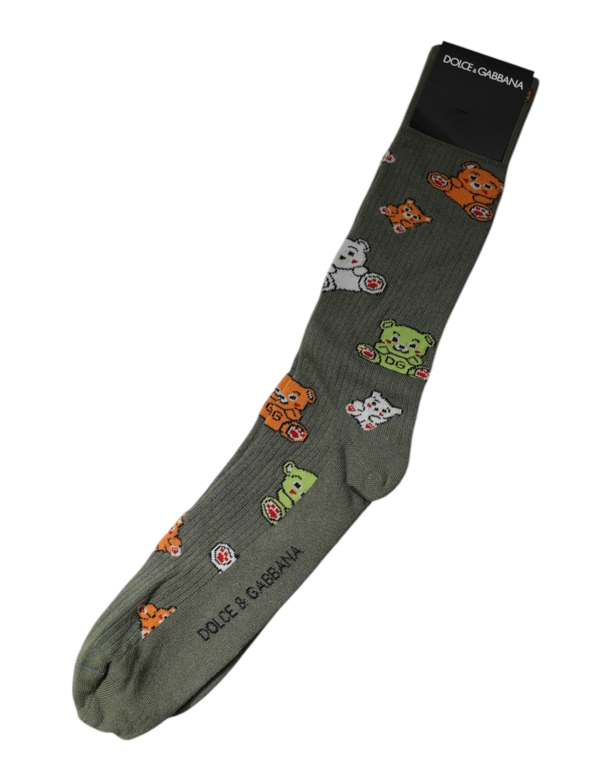 Grüne Nylonsocken mit DG-Bären-Print, wadenlang