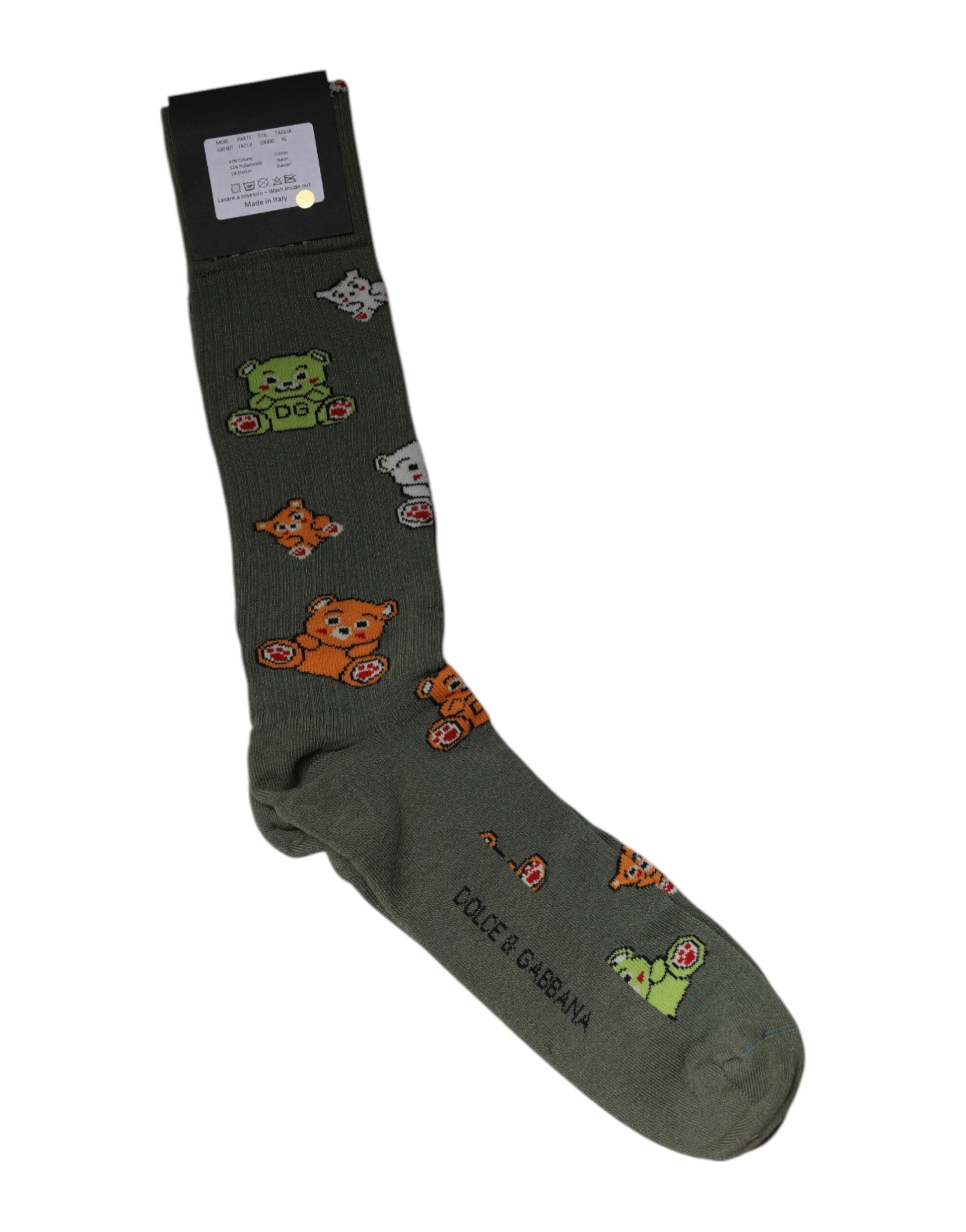 Grüne Nylonsocken mit DG-Bären-Print, wadenlang