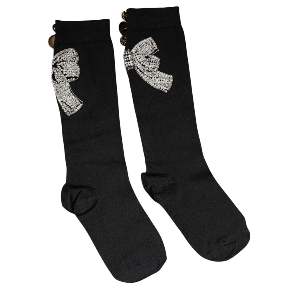 Dolce & Gabbana Black Knit Floral Crystal Embellishment Socks