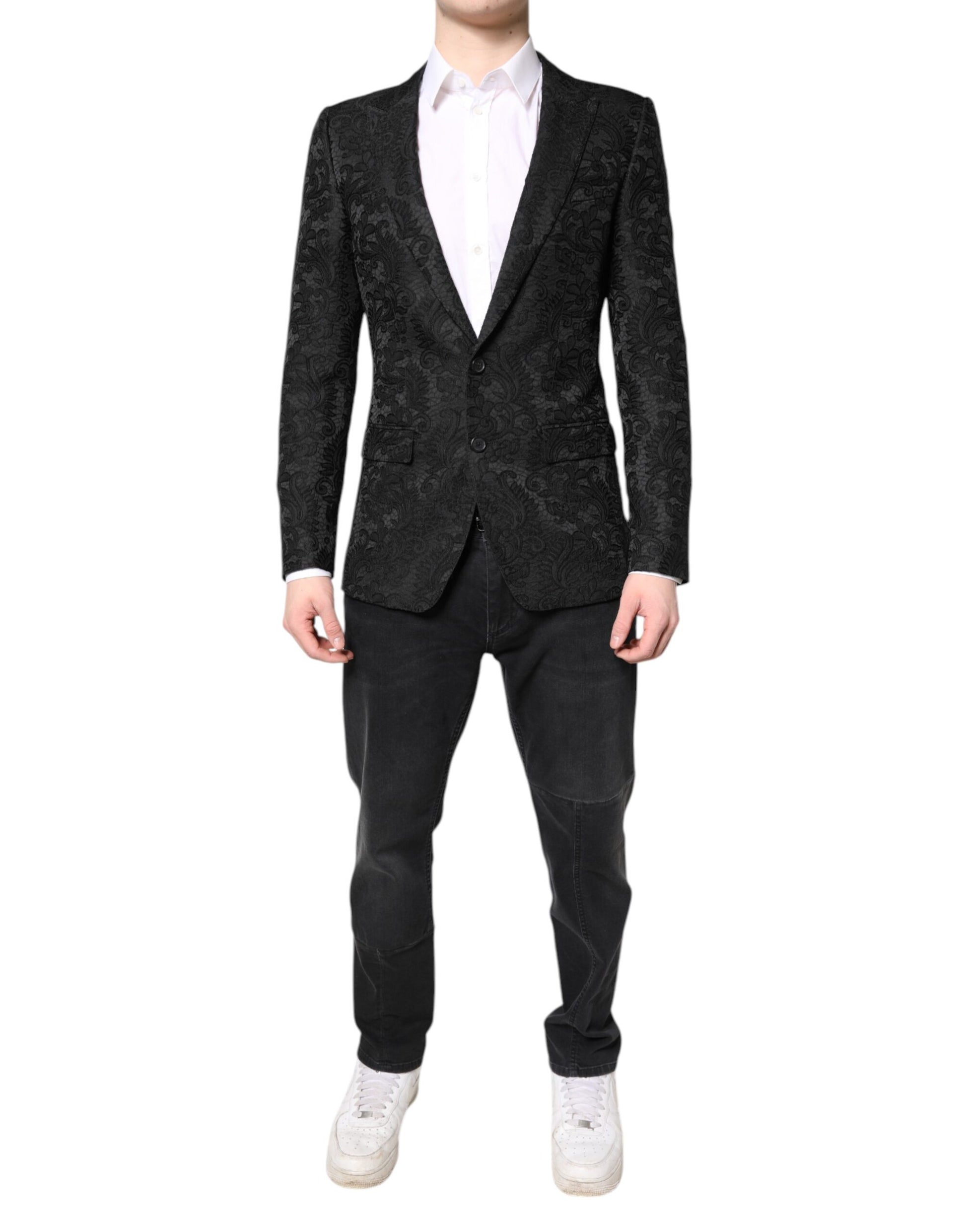 Schwarzer Jacquard-Manteljackenblazer mit Blumenmuster