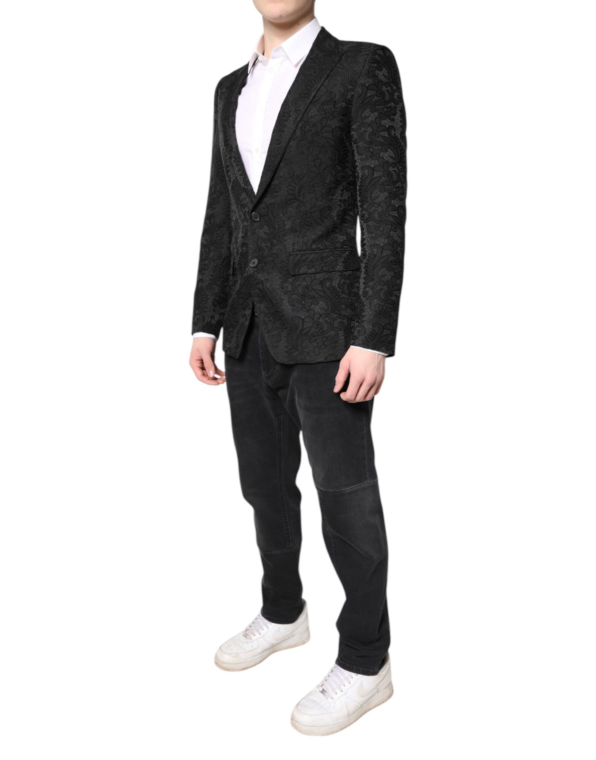 Schwarzer Jacquard-Manteljackenblazer mit Blumenmuster