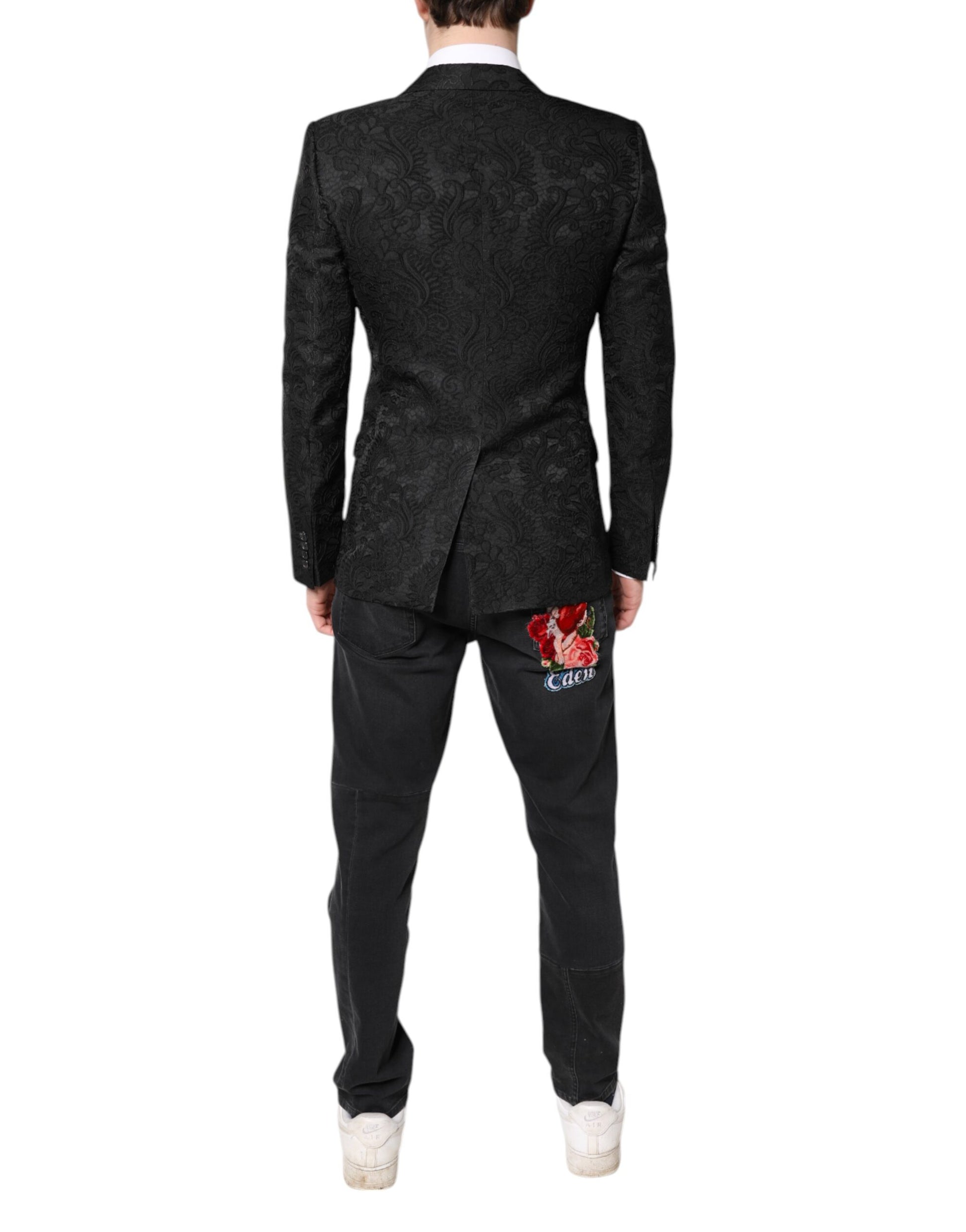 Schwarzer Jacquard-Manteljackenblazer mit Blumenmuster