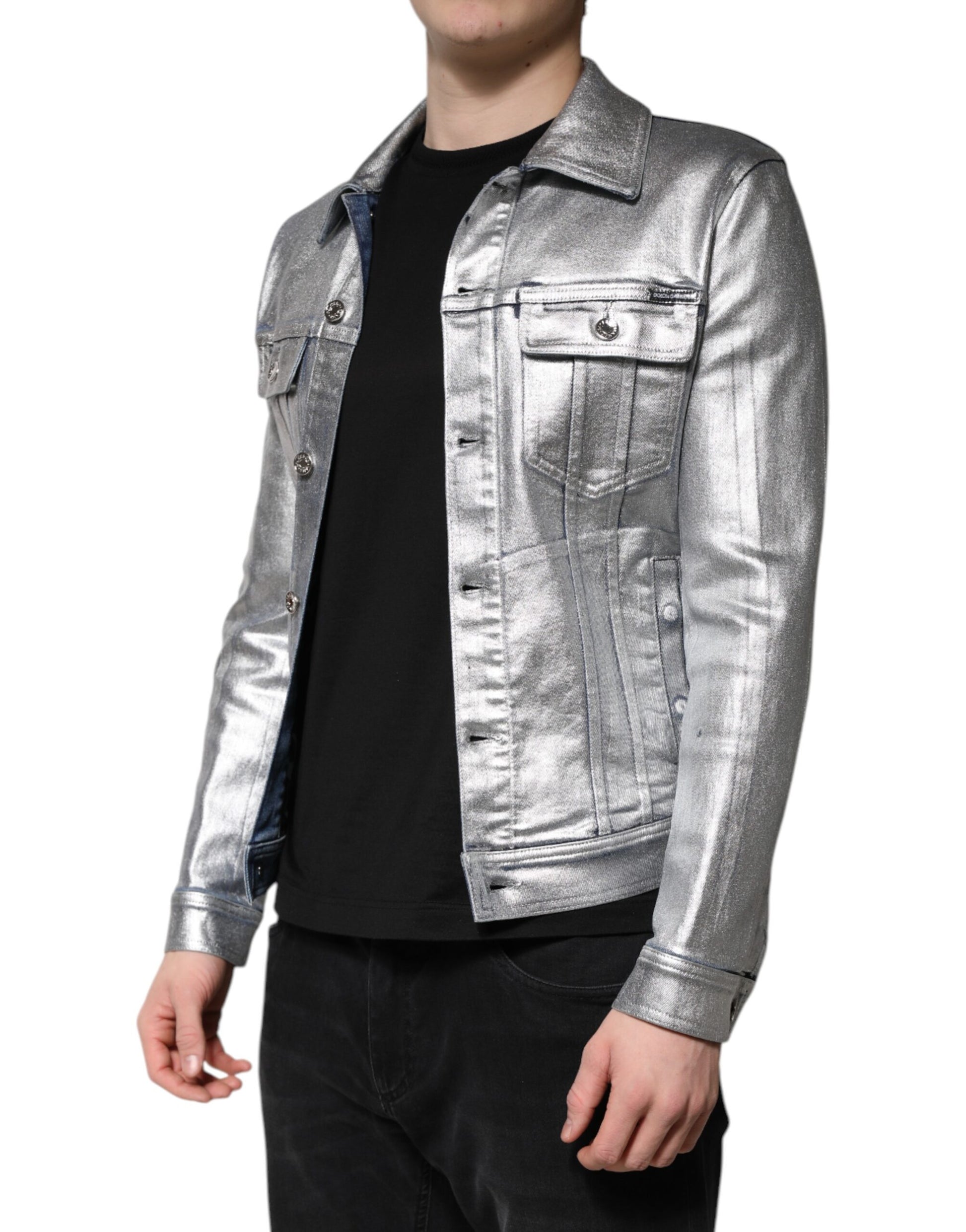 Silberne Denim-Bikerjacke aus Baumwolle mit Knopfleiste