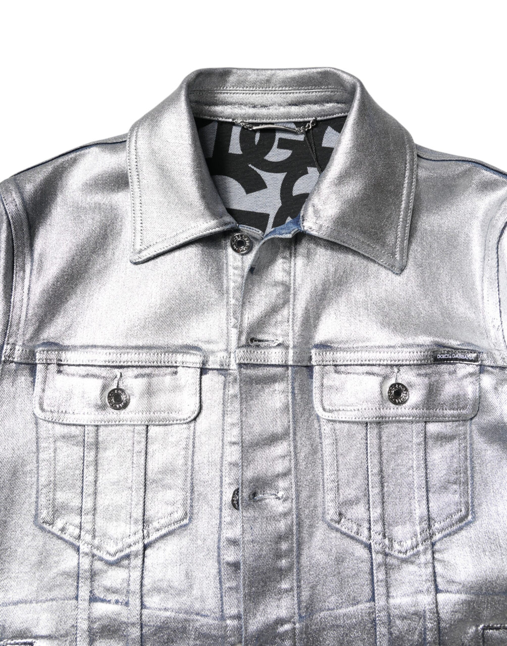 Silberne Denim-Bikerjacke aus Baumwolle mit Knopfleiste