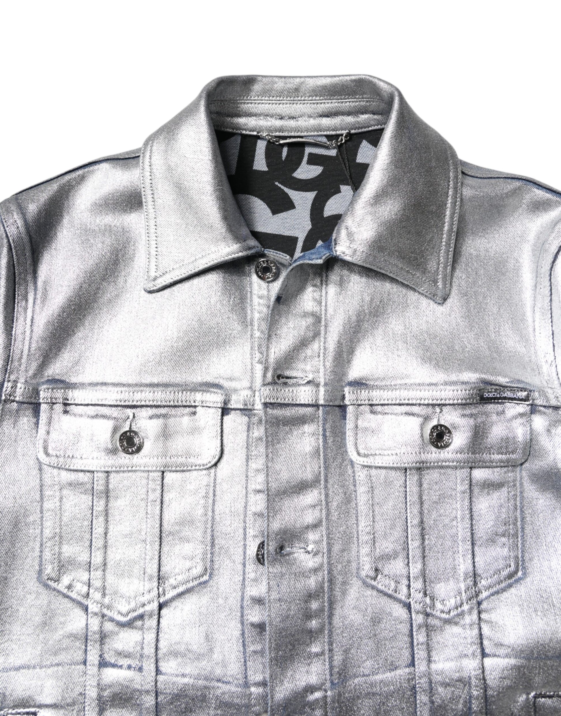 Silberne Denim-Bikerjacke aus Baumwolle mit Knopfleiste