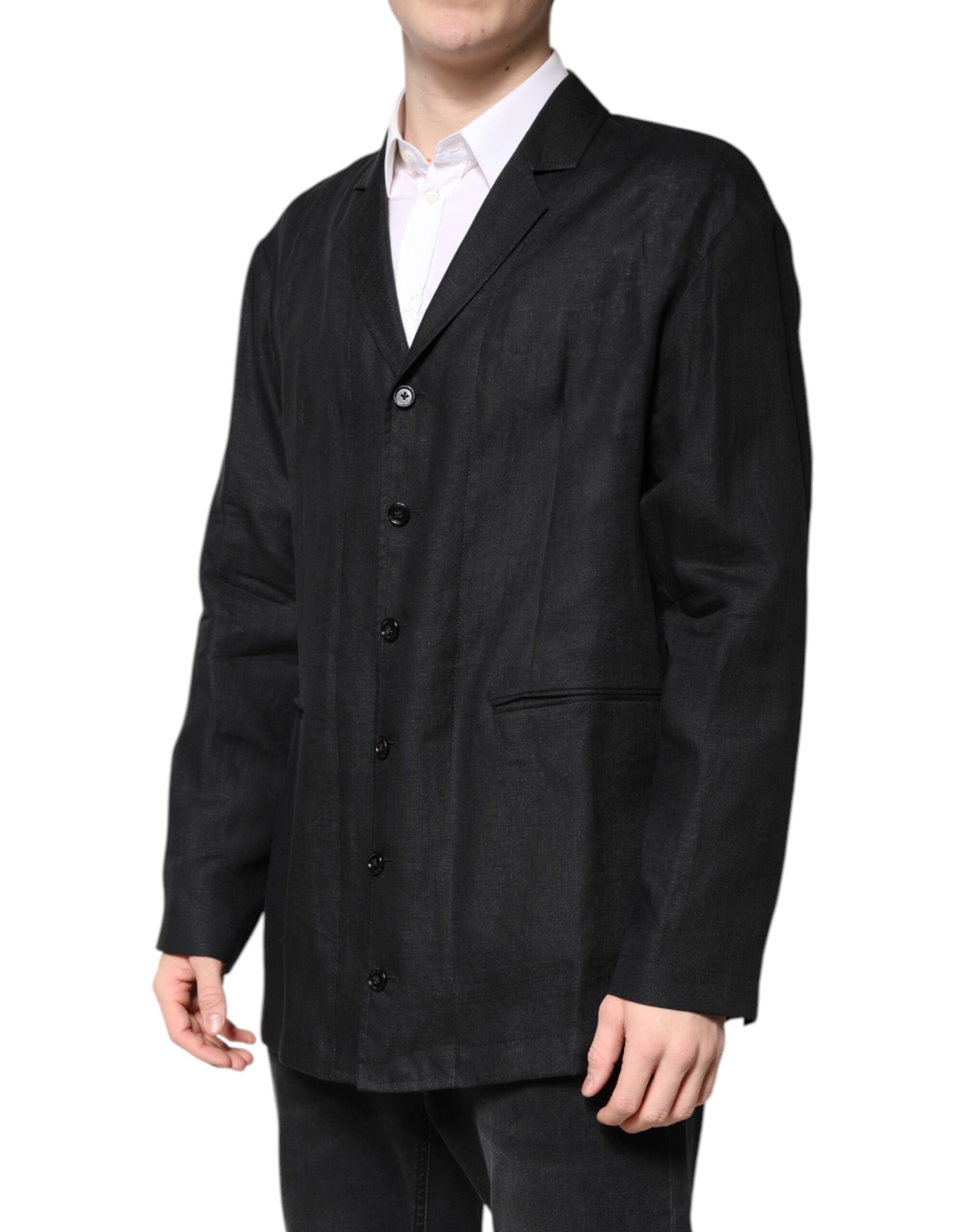 Schwarzer einreihiger Herren-Mantelblazer aus Leinen