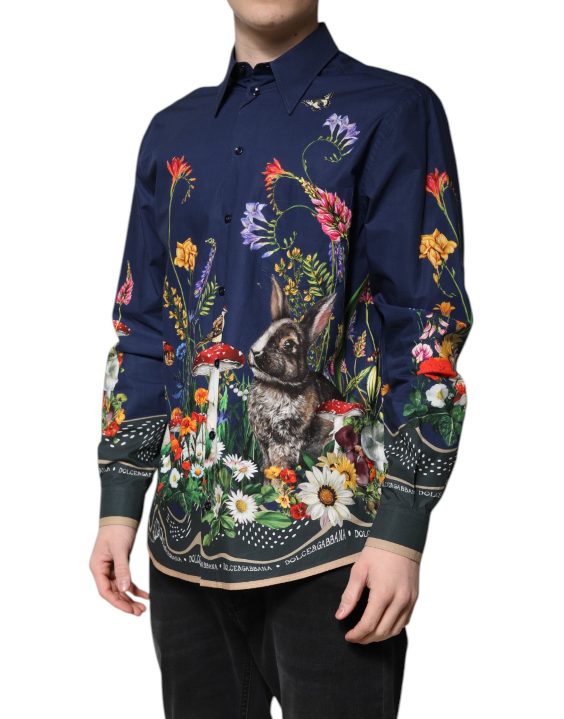Blaues Langarmhemd mit Kaninchen-Print