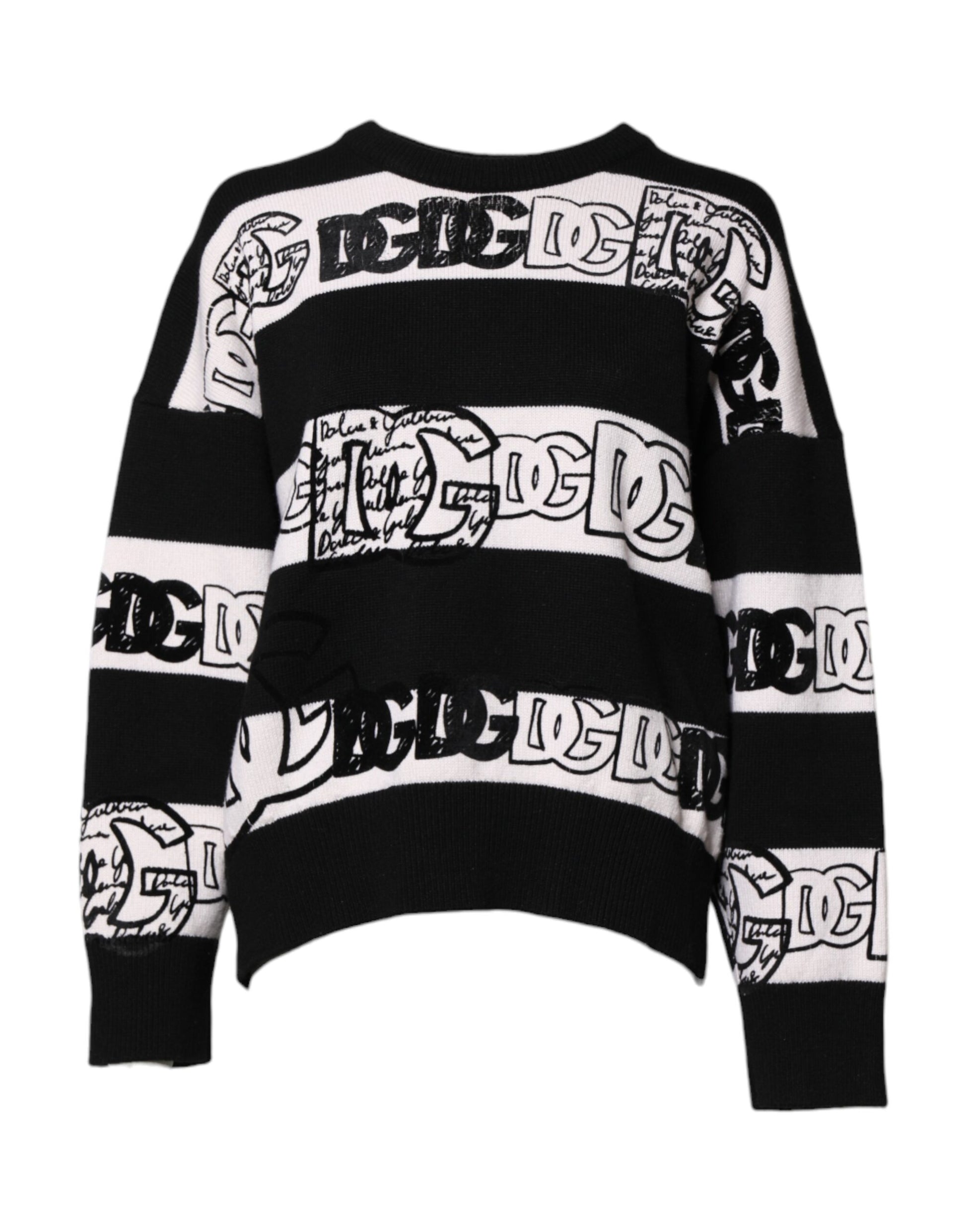 Dolce & Gabbana Black White Logo Print Wool Pullover Sweater