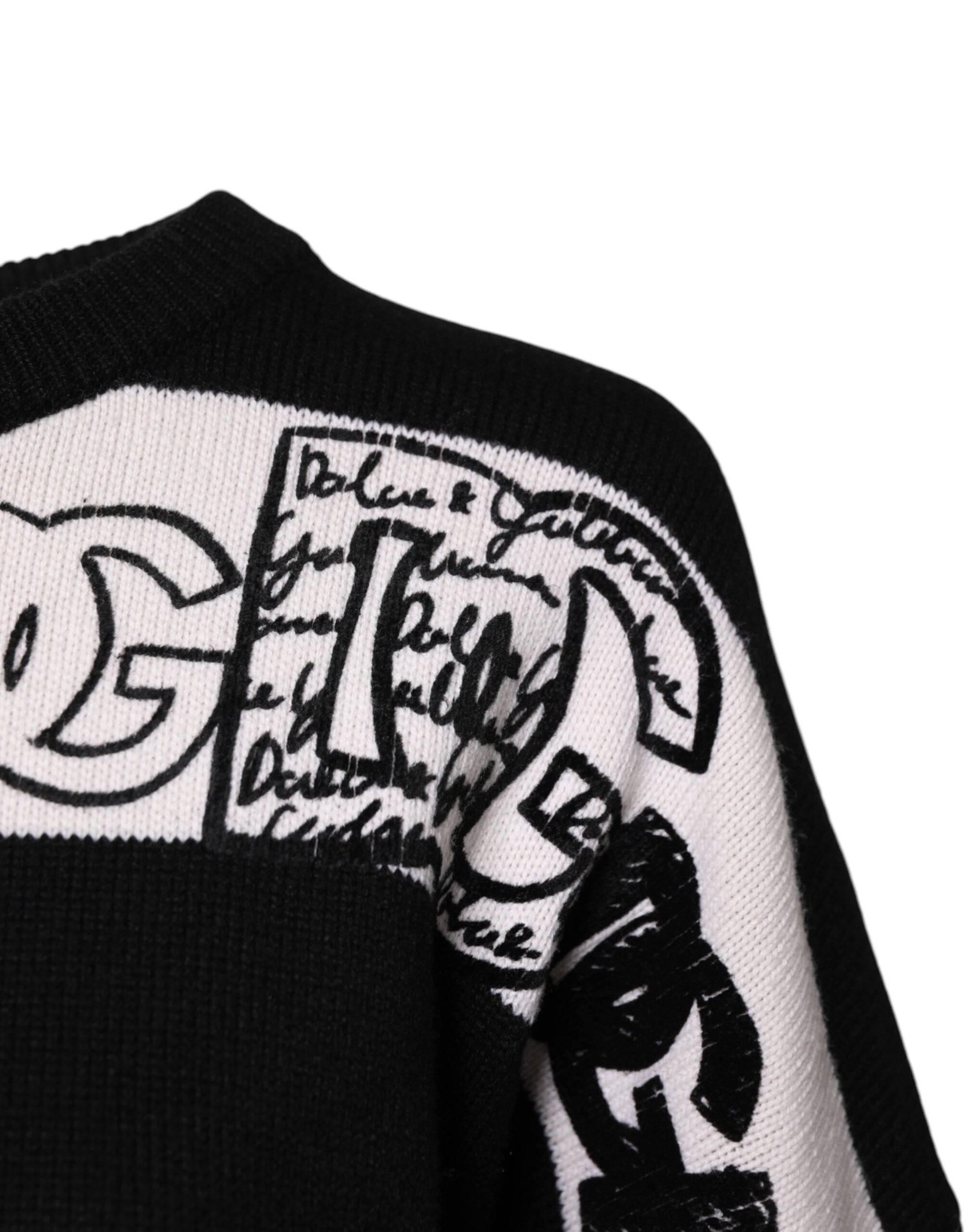 Dolce & Gabbana Black White Logo Print Wool Pullover Sweater